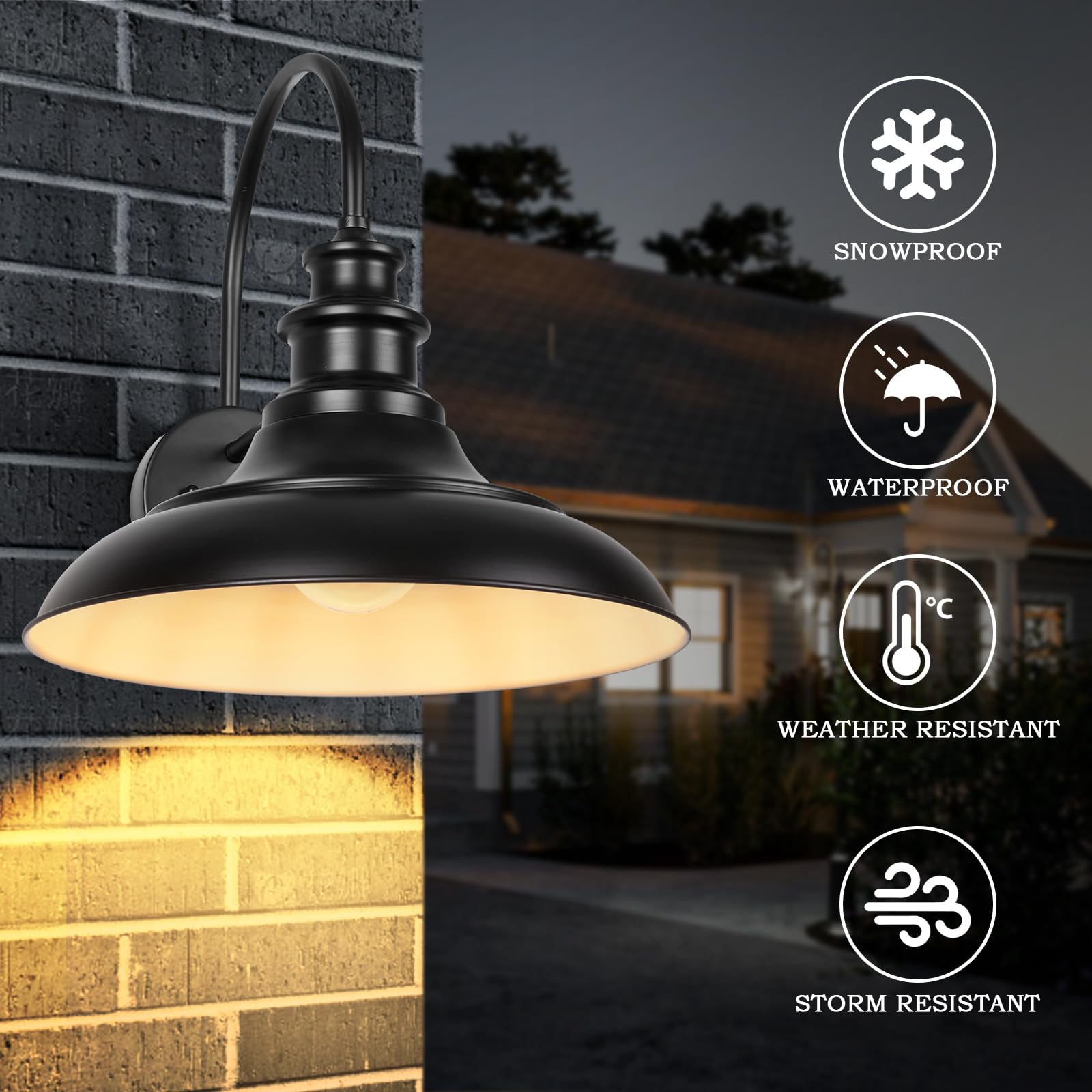 Dusk To Dawn Sensor Outdoor Barn Light Fixtures, 12.3 Inch Dome Farmhouse Outdoor Wall Sconces, Gooseneck Exterior Wall Mount Li