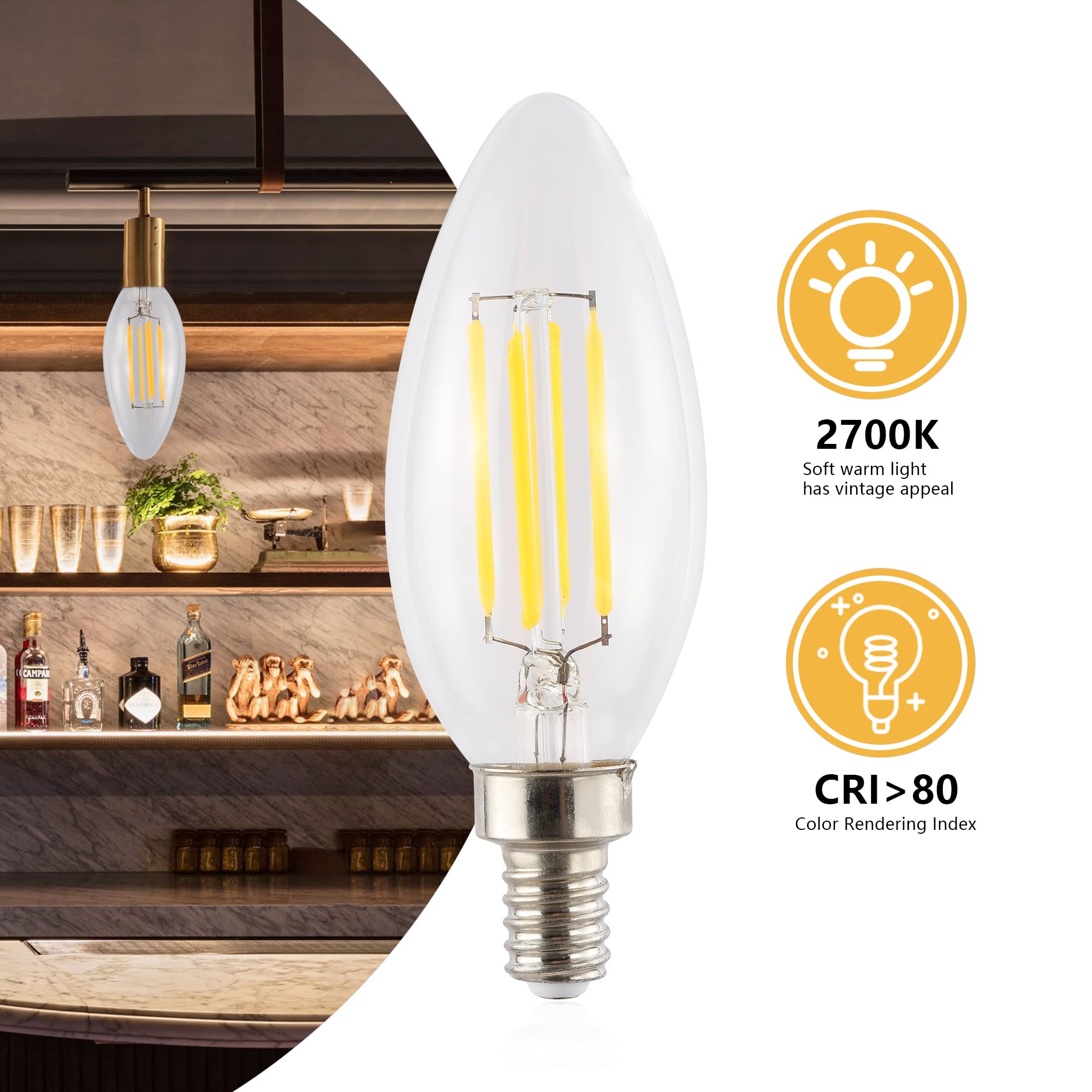 Jonathan Y Blb-C35A-Set6 Vintage Non-Dimmable Led Edison Glass Bulbs, 4W, Equivalent 40W, E12 Base, 80+ Cri, C35 Warm White 2700