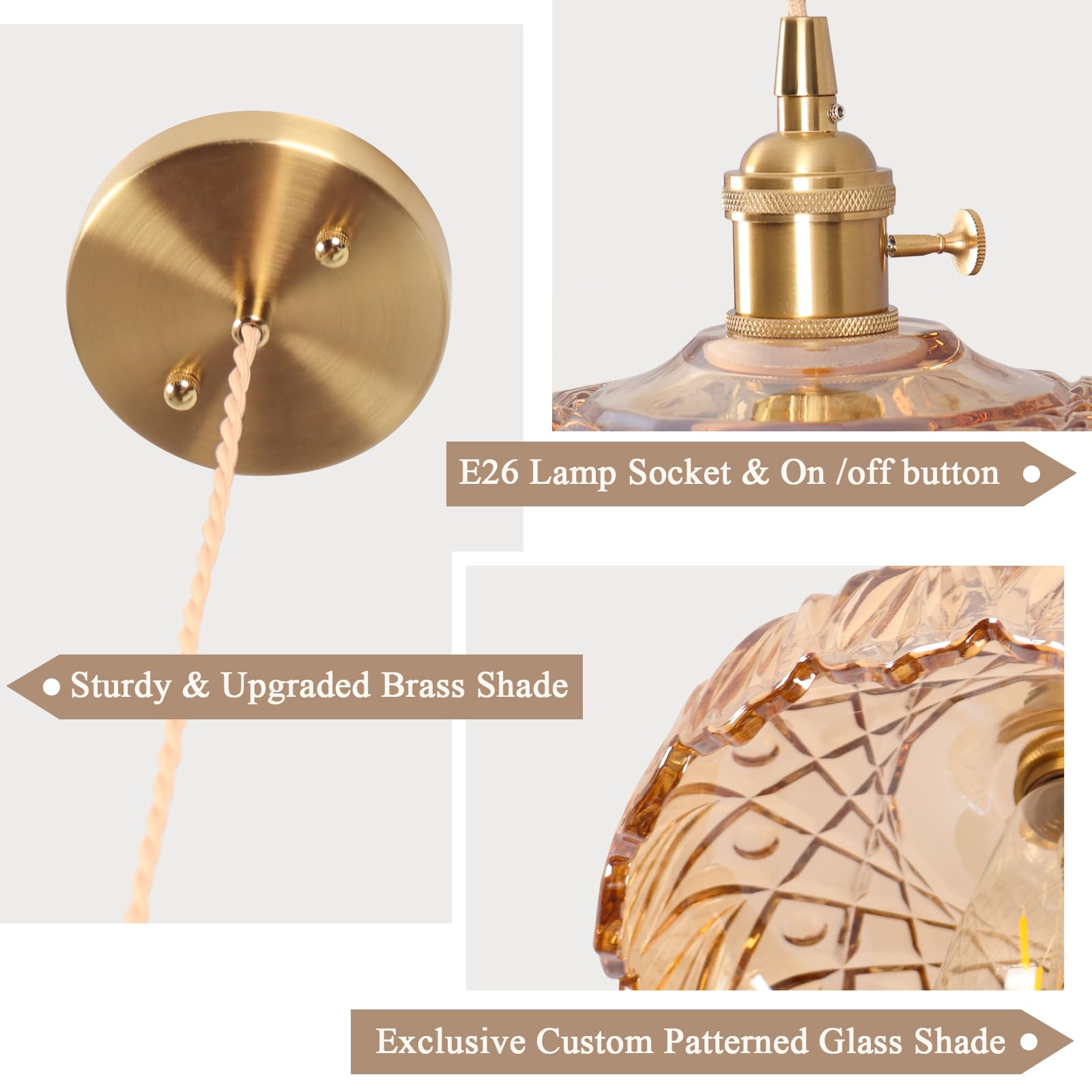 Loiogohot Glass Pendant Light Vintage Light Fixtures,Amber Modern Chandelier Pendant,E26 Pendant Lights Kitchen Island,9.4Inch H