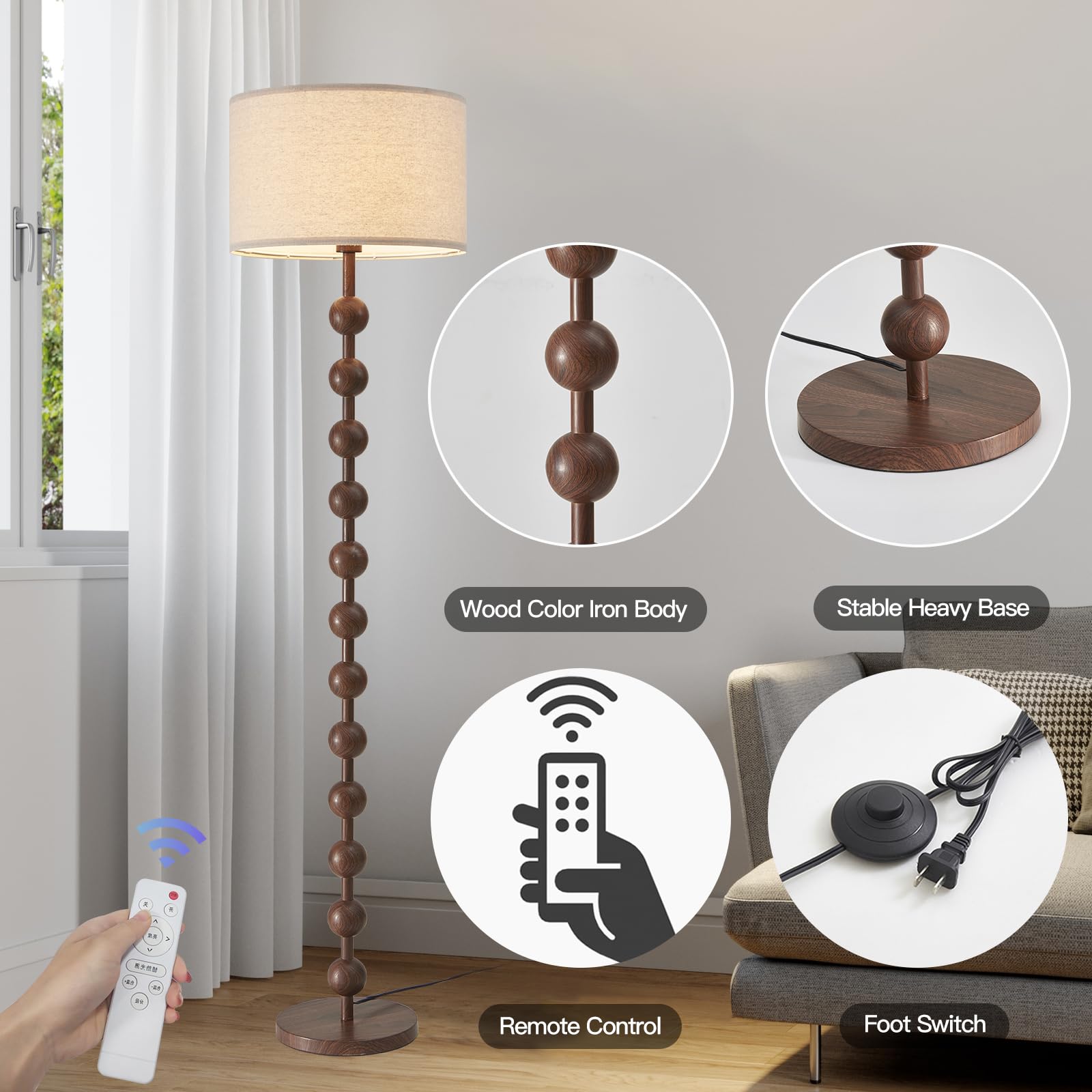 Fetason Modern Dimmable Remote Control Floor Lamp for Living Room Bedroom with LED E26 Bulb, Red Wood Pattern Iron Tall Standing