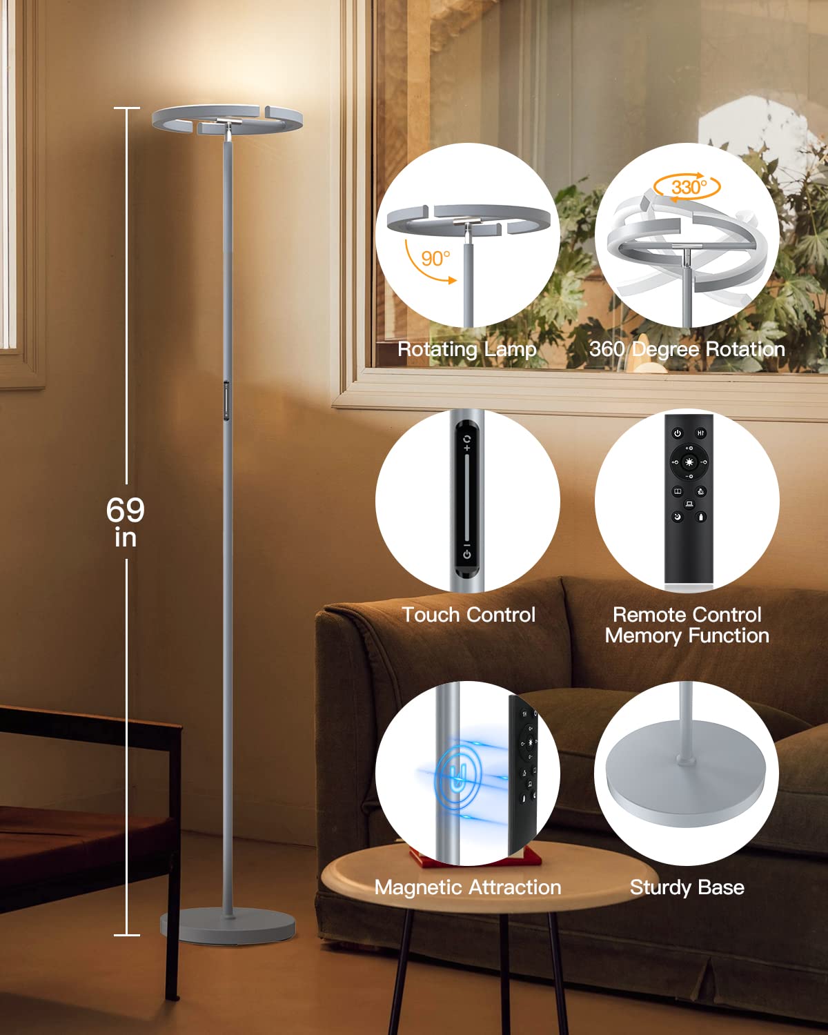 Sibrille Modern Dimmable Floor Lamp With Remote, 20W Led, Rotatable Uplighter For Living Room