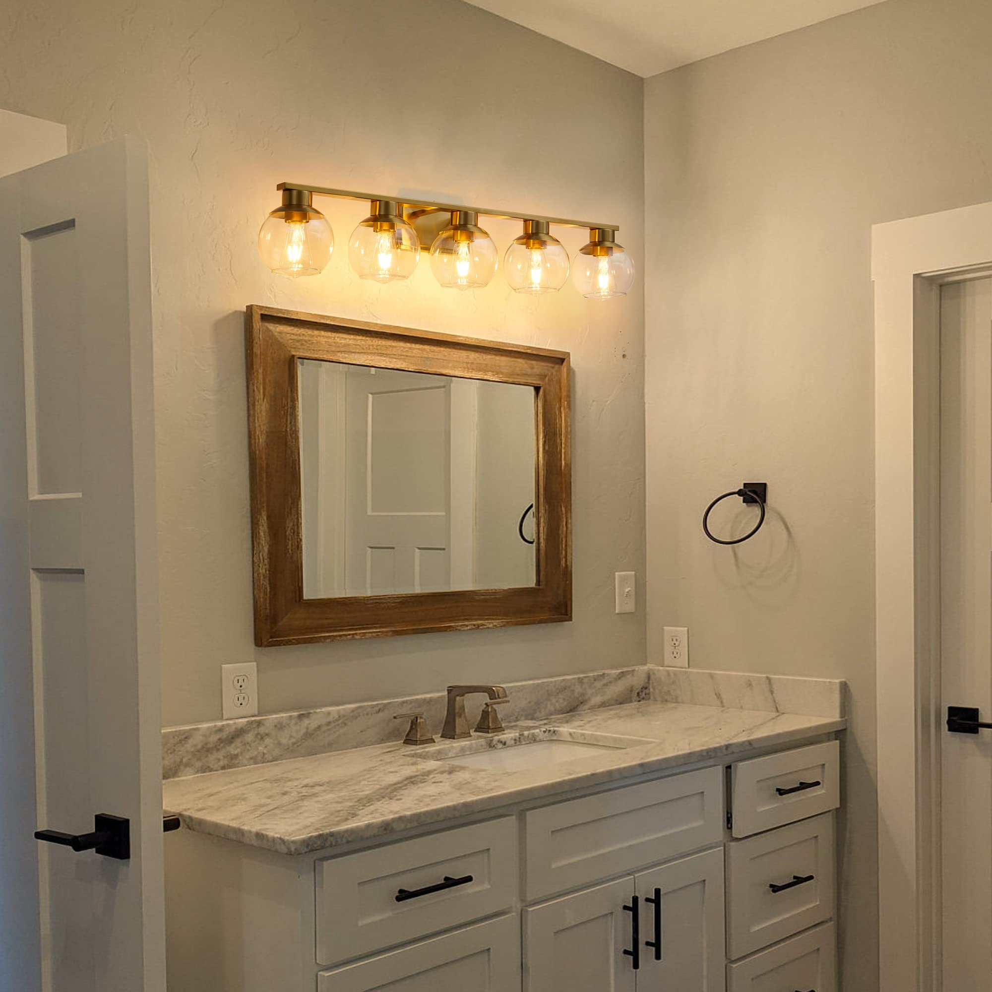 PAZALA 5 Light Bathroom Vanity Light Fixture Over Mirror 37 in Globe Glass Shade Brushed Brass 1698-5-JS