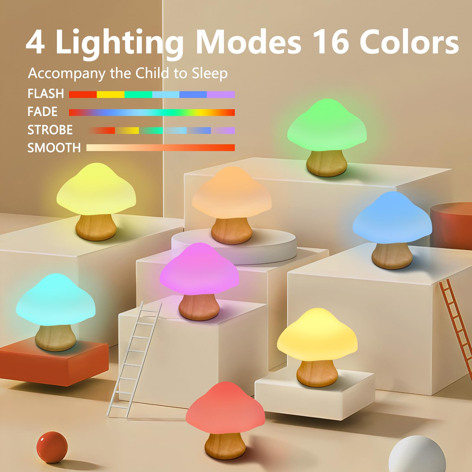 ANGTUO Wooden Mushroom Lamp - 16 Color Changing Dimmable Night Light for Women, Moms, Grandmas - White/Beige, Model 1201