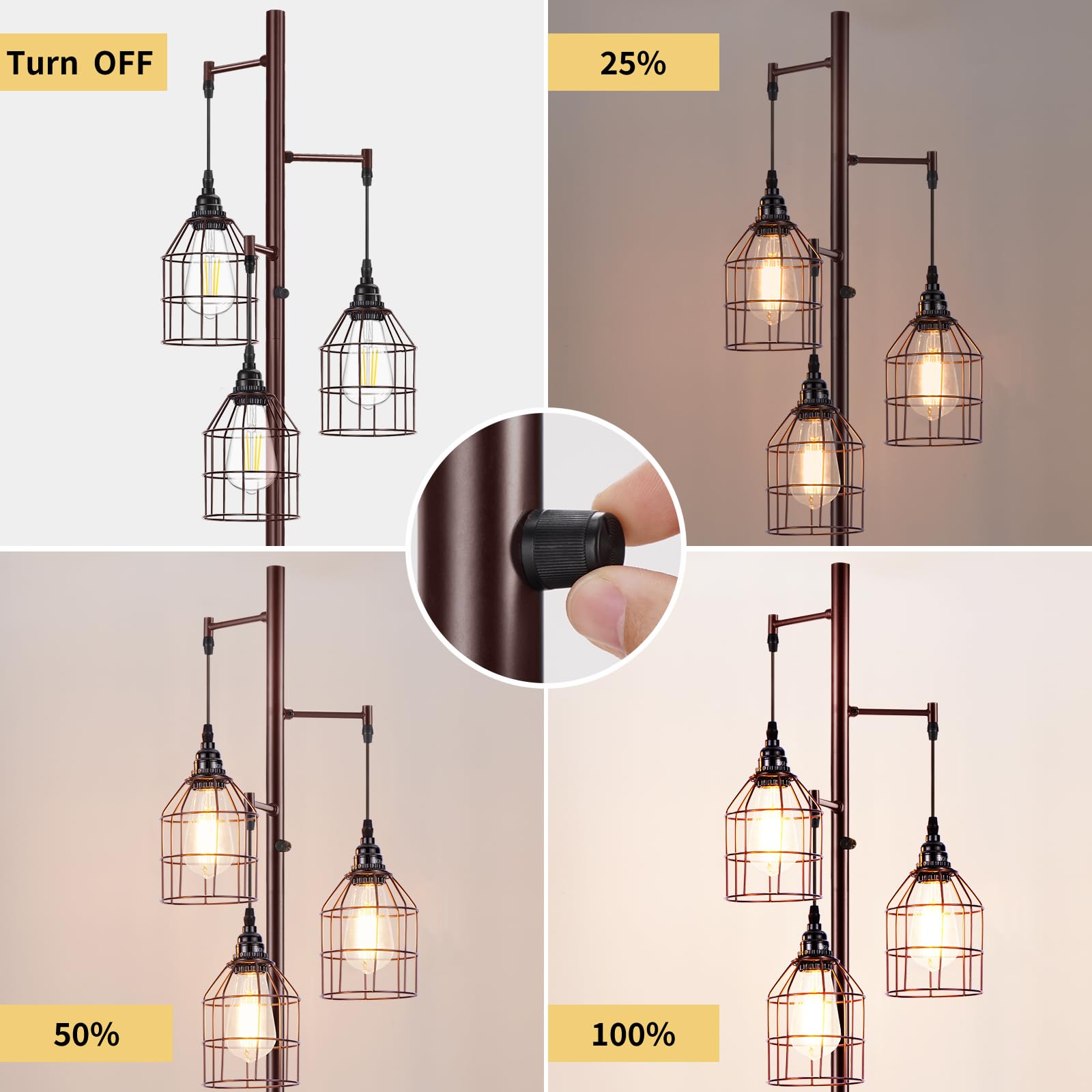 Sucolite 70" Dimmable Industrial Floor Lamp, Brown 3-Light Tree Design, Includes 3 LED Edison Bulbs, Rustic Standing Lamp for Living Room