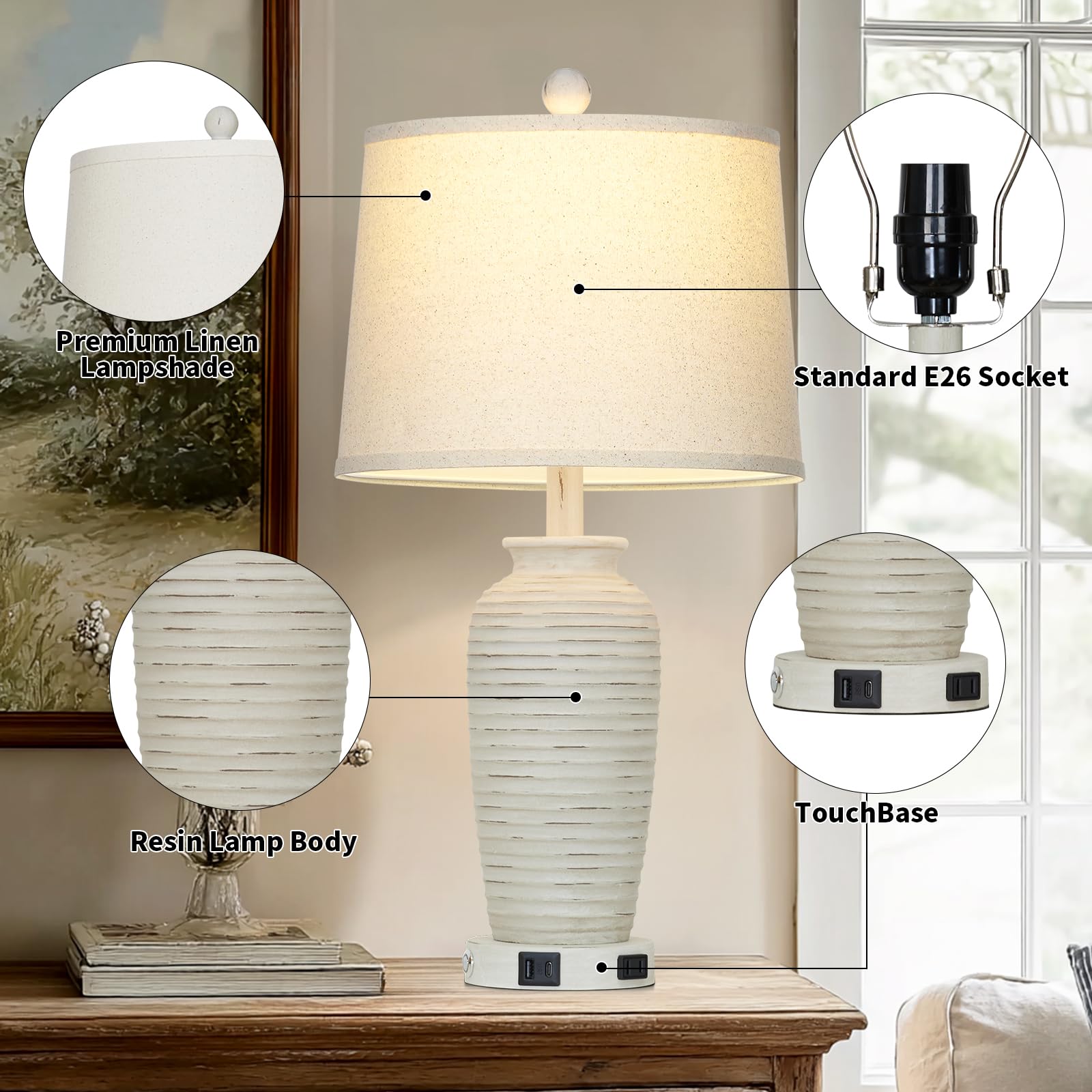 CINSARY 25" Retro White Farmhouse Jar Table Lamps Set of 2, 3 Way Touch Control with USB Ports, LED Bulbs Included