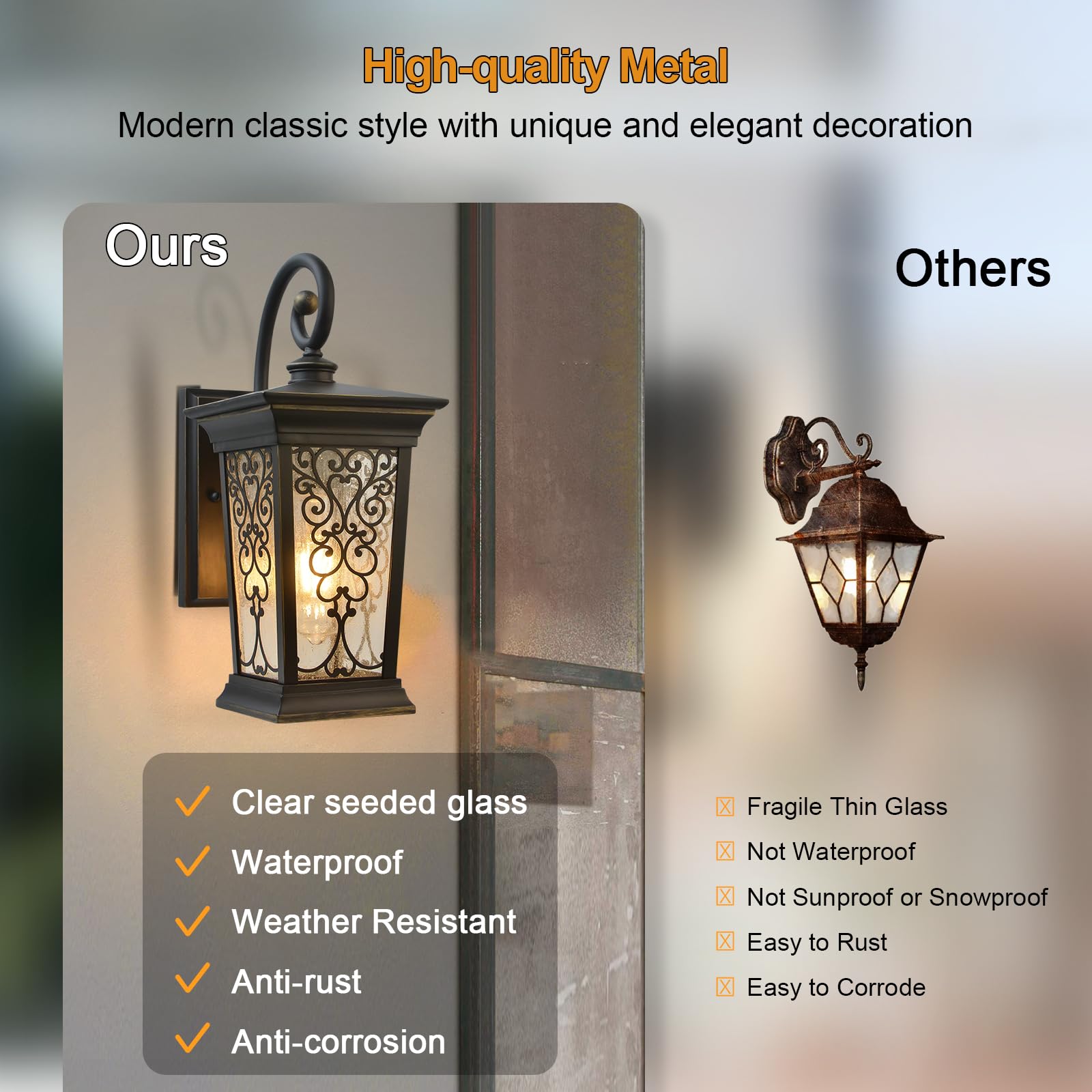 Alvime Outdoor Wall Lights, Waterproof Bronze Lantern, E26 Base, Seeded Glass For Entryway