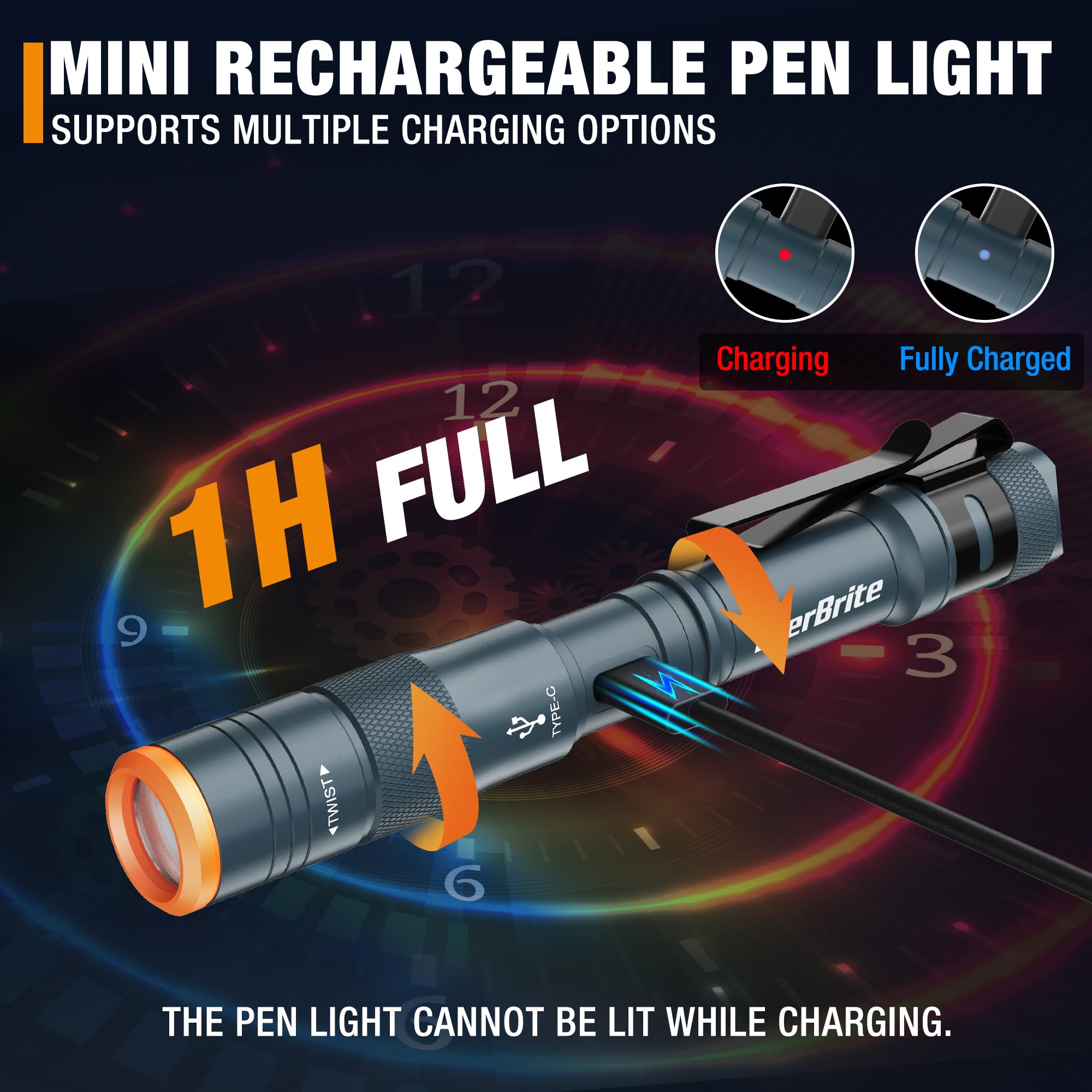 EverBrite Mini Pen Light, Rechargeable Flashlight, 300 Lumens, USB C, 4 Light Modes, Aluminum, Blue, Model E101122AE