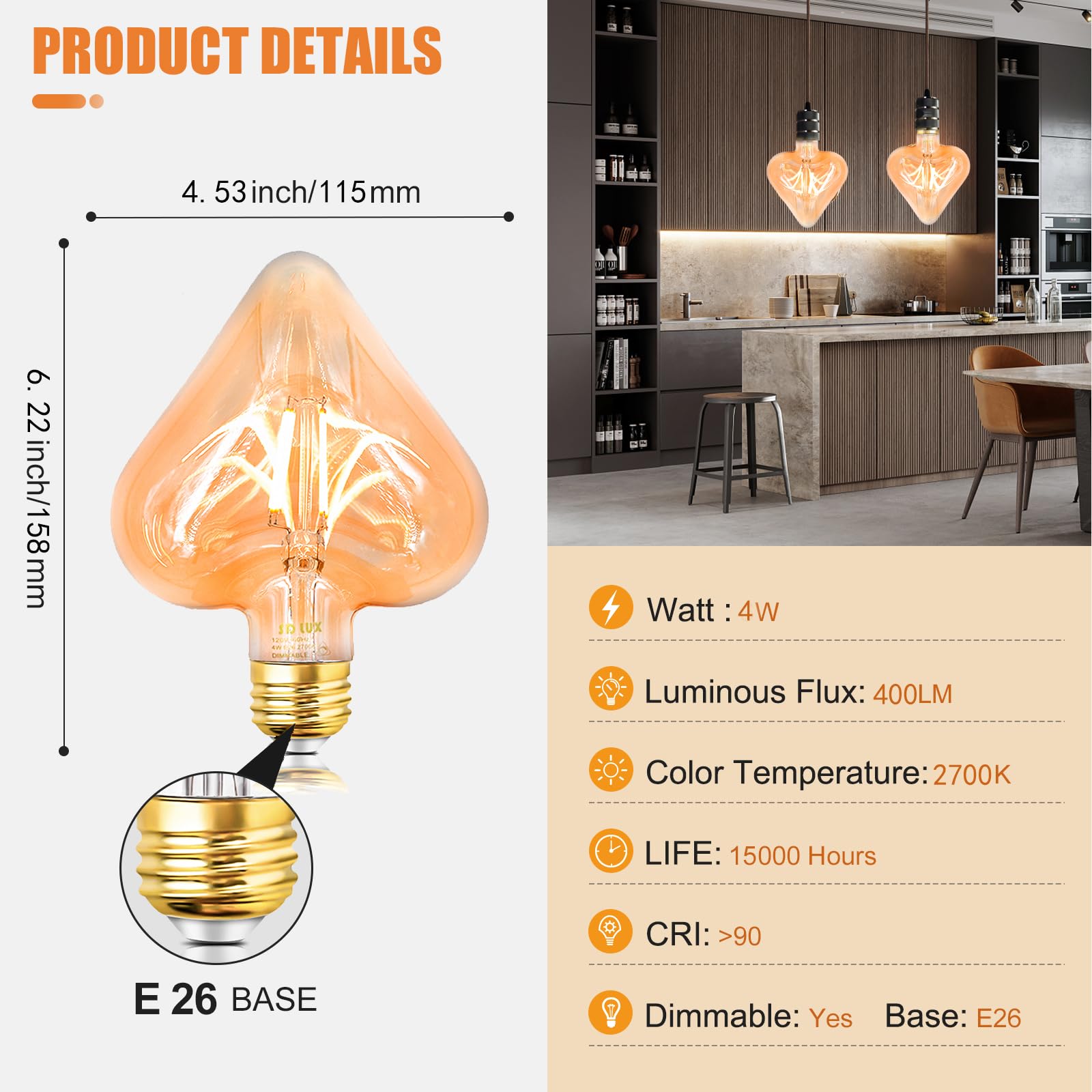 Sd Lux Decorative Light Bulbs Vintage Led Edison Bulb 4W 400Lm (40W Equivalent) Dimmable Cri>90 Medium Base E26 Warm White 2700K