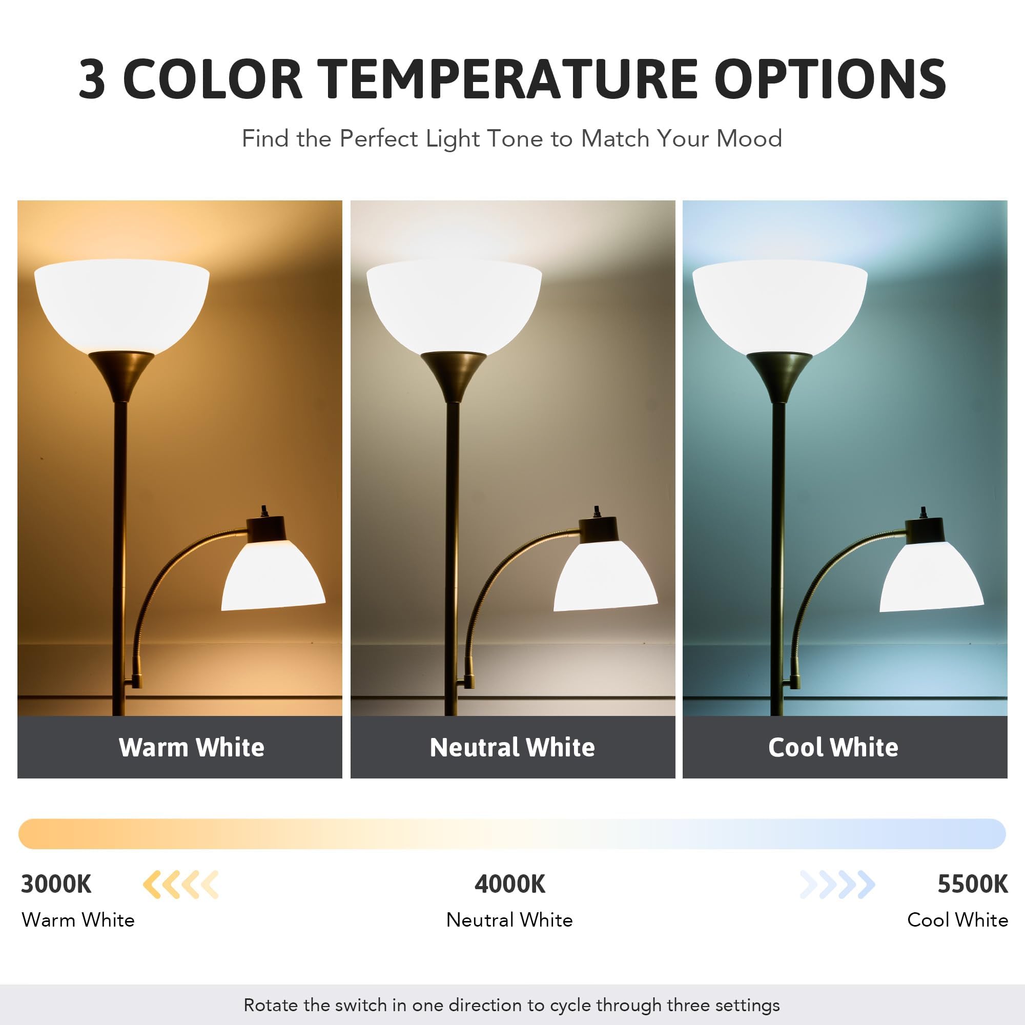 Vonluce Torchiere Floor Lamp, 71'' Standing Lamp With Adjustable Reading Lights & 2 Bulbs, 3 Color Temperatures Modern Tall Pole