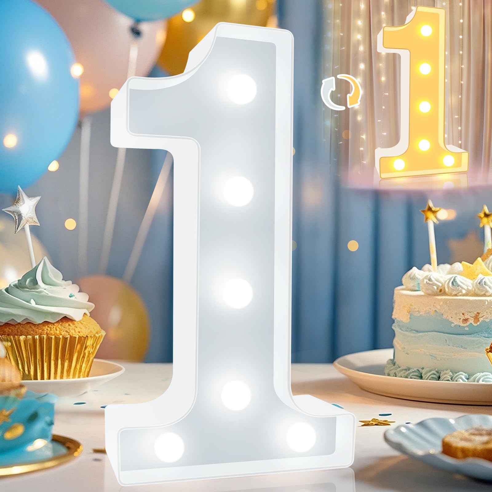 Pooqla LED Light Up Number 1, Warm White & Cool White Decorative Marquee Light, Party & Room Decor, Model DENC-BP-01