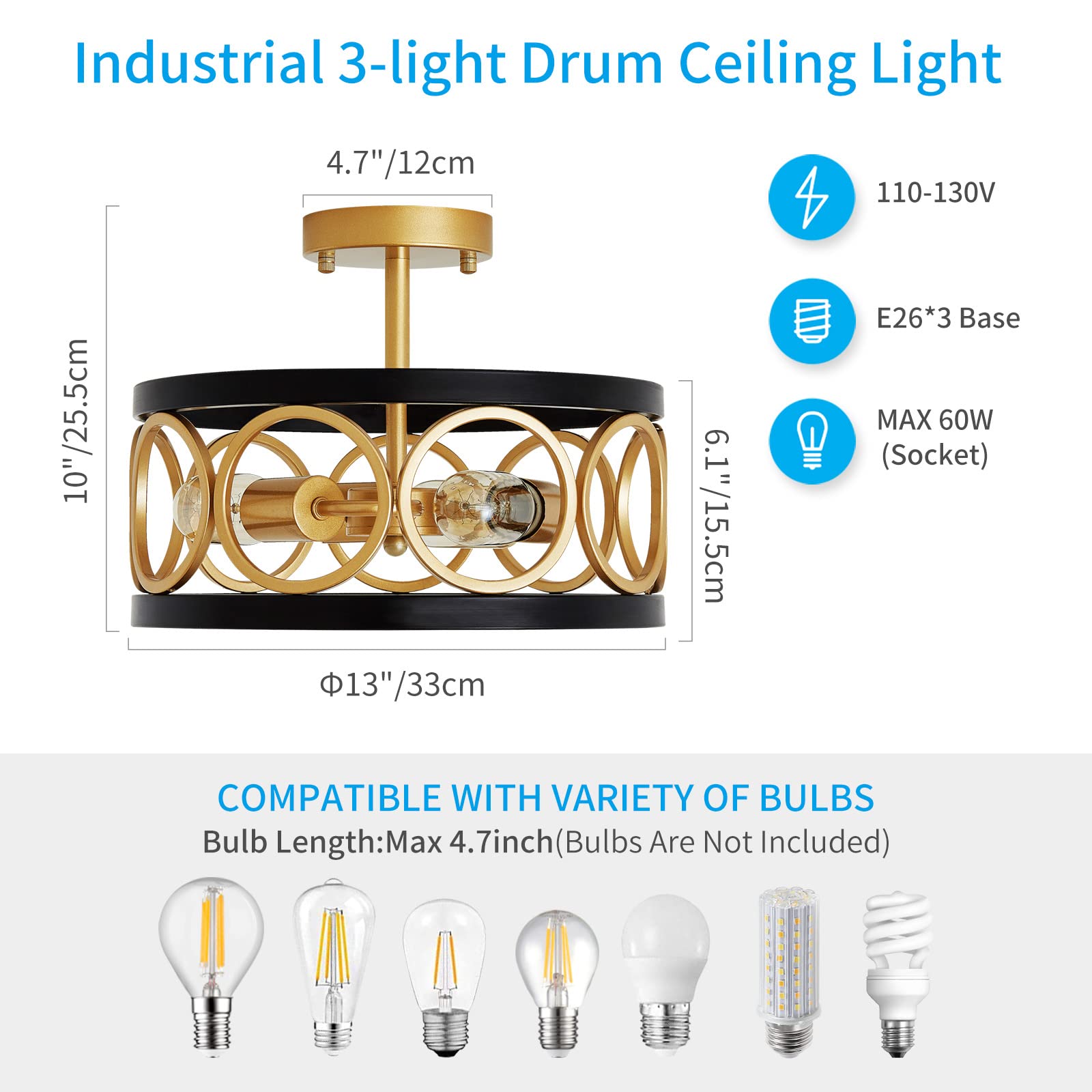 XINGQI Modern Drum Chandelier Ceiling Light, Black and Gold Metal, 13" Semi Flush Mount for Living Dining Room Bedroom