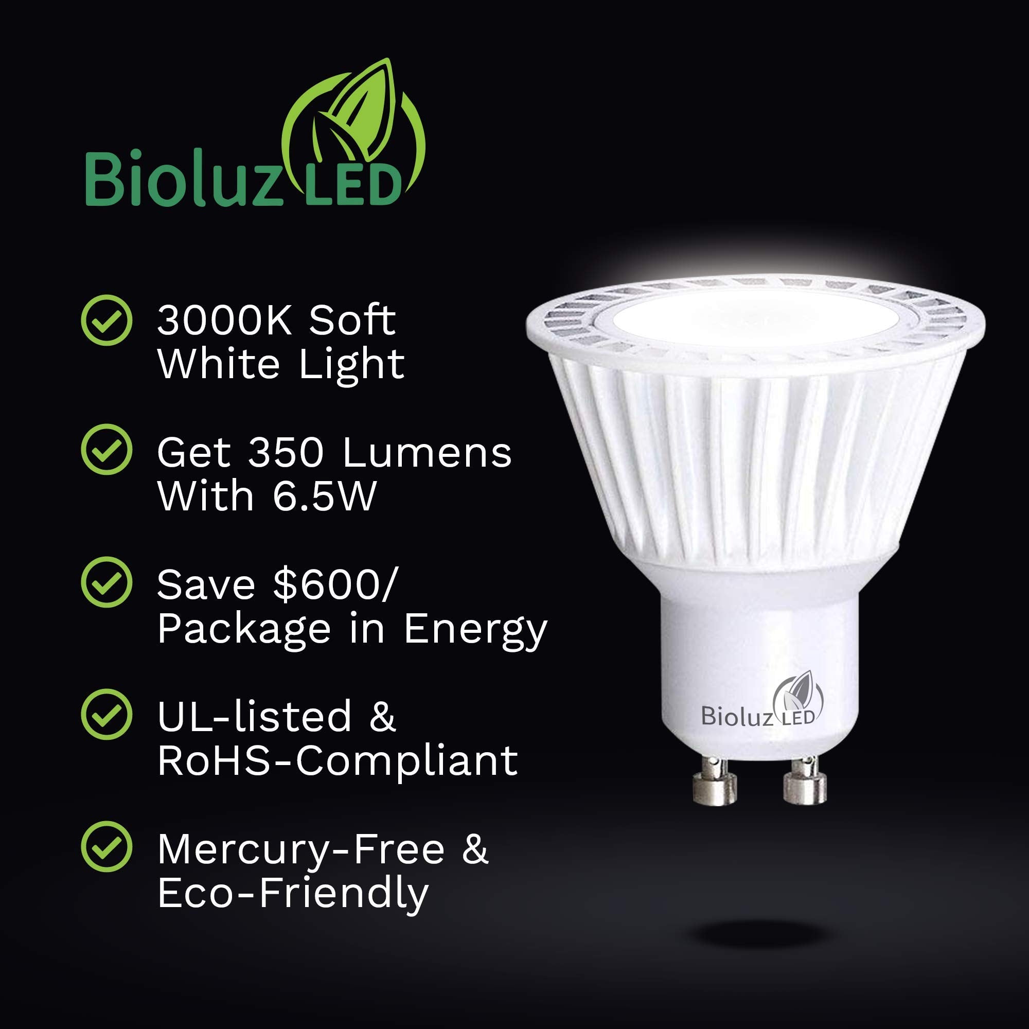 Bioluz LED GU10 5 Pack Dimmable 50W Replacement Bulbs, 6.5W, 3000K Halogen, UL Listed, Aluminum
