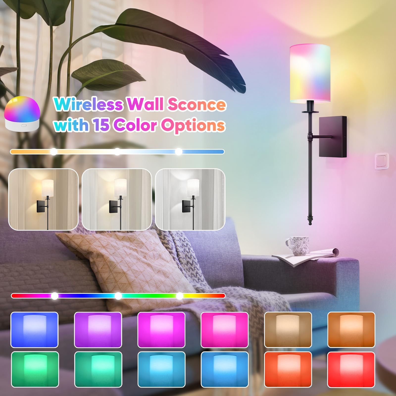 Bosceos Wall Sconces Set of 2, Rechargeable Wireless Lights, Dimmable, 24.8 Inch, Black and White, Model L2018-1BK