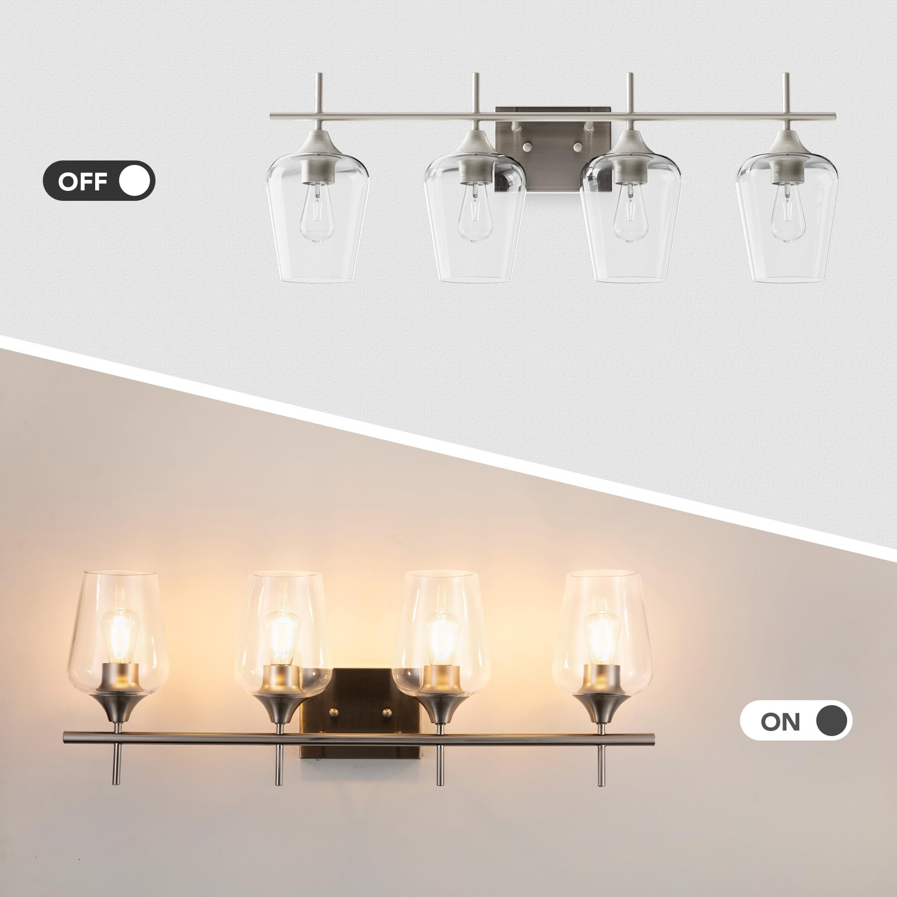 VONLUCE 4-Light Bathroom Vanity Light Fixture, Modern Brushed Nickel Wall Lamp with Clear Glass, Model HCF2804NI