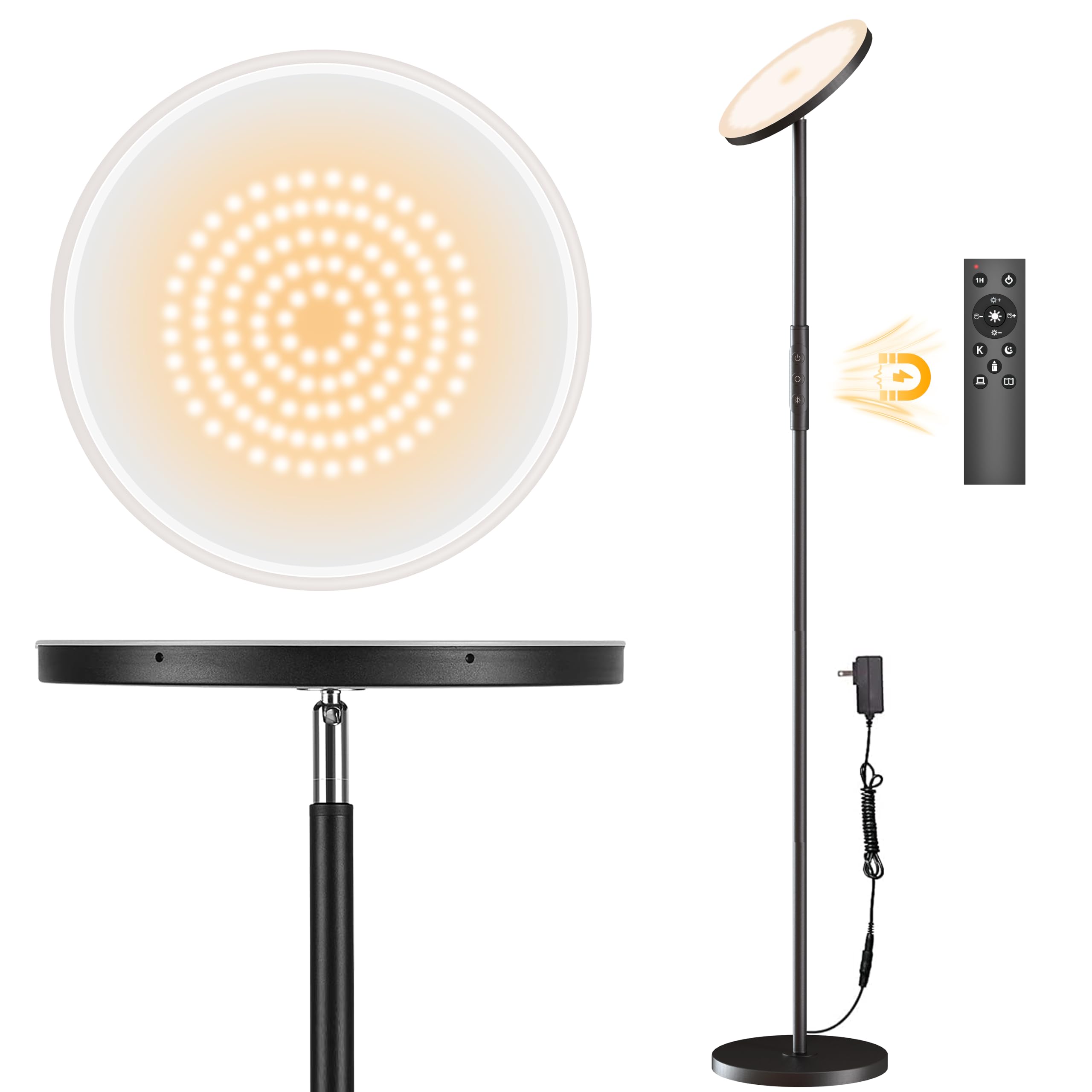Yikuneng LED Floor Lamp - 2400LM Dimmable Torchiere with Remote & Touch Control, Black, 24W