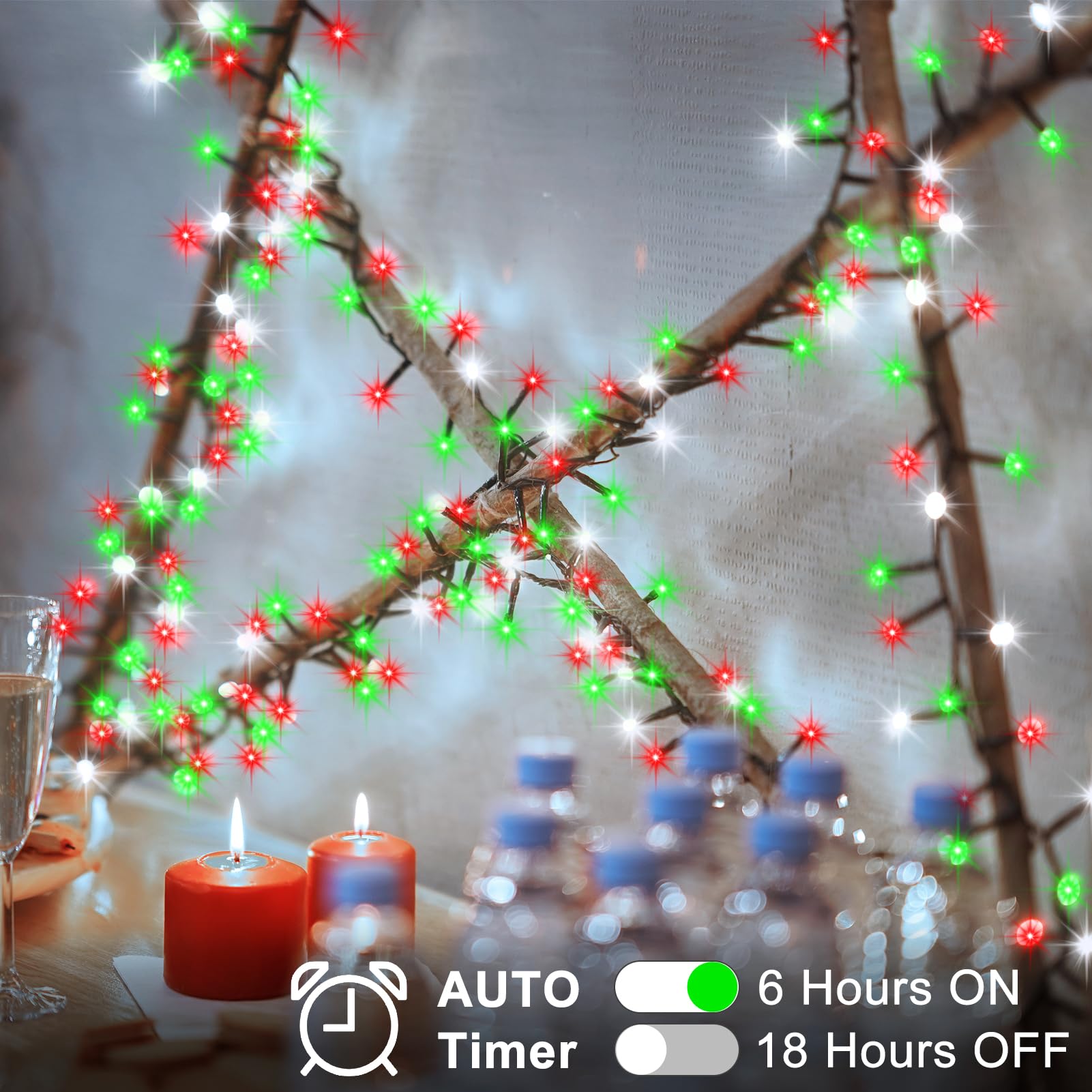 Bsglobal 2 Pack Christmas Lights Red White Green, Total 20Ft 400 Led String Cluster Lights With Timer 8 Modes Christmas Firecrac