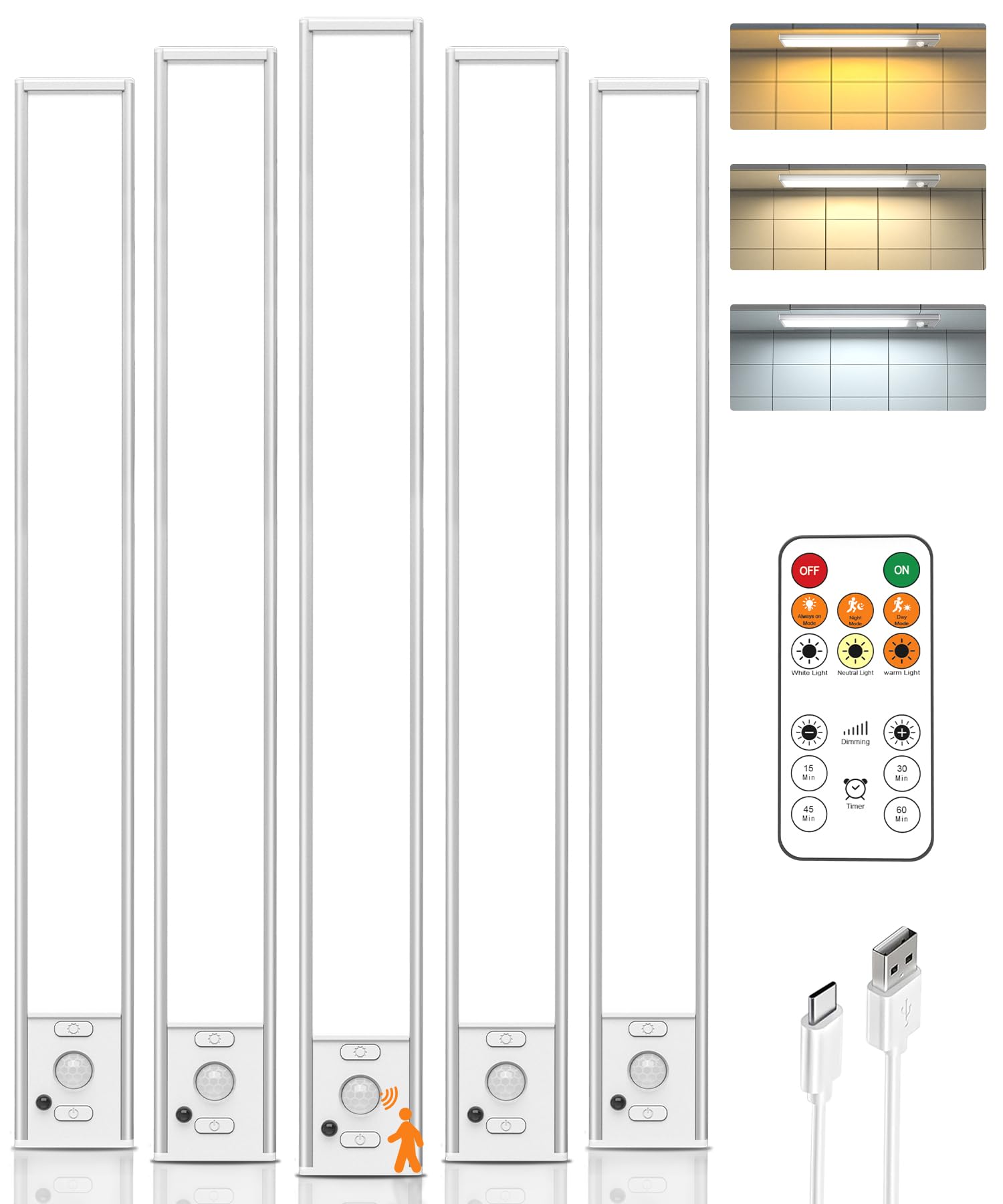 LENOMA 16in Under Cabinet Lighting, Wireless Motion Sensor Light, Rechargeable, 5 Pack, White, Model LTM-CGD-03