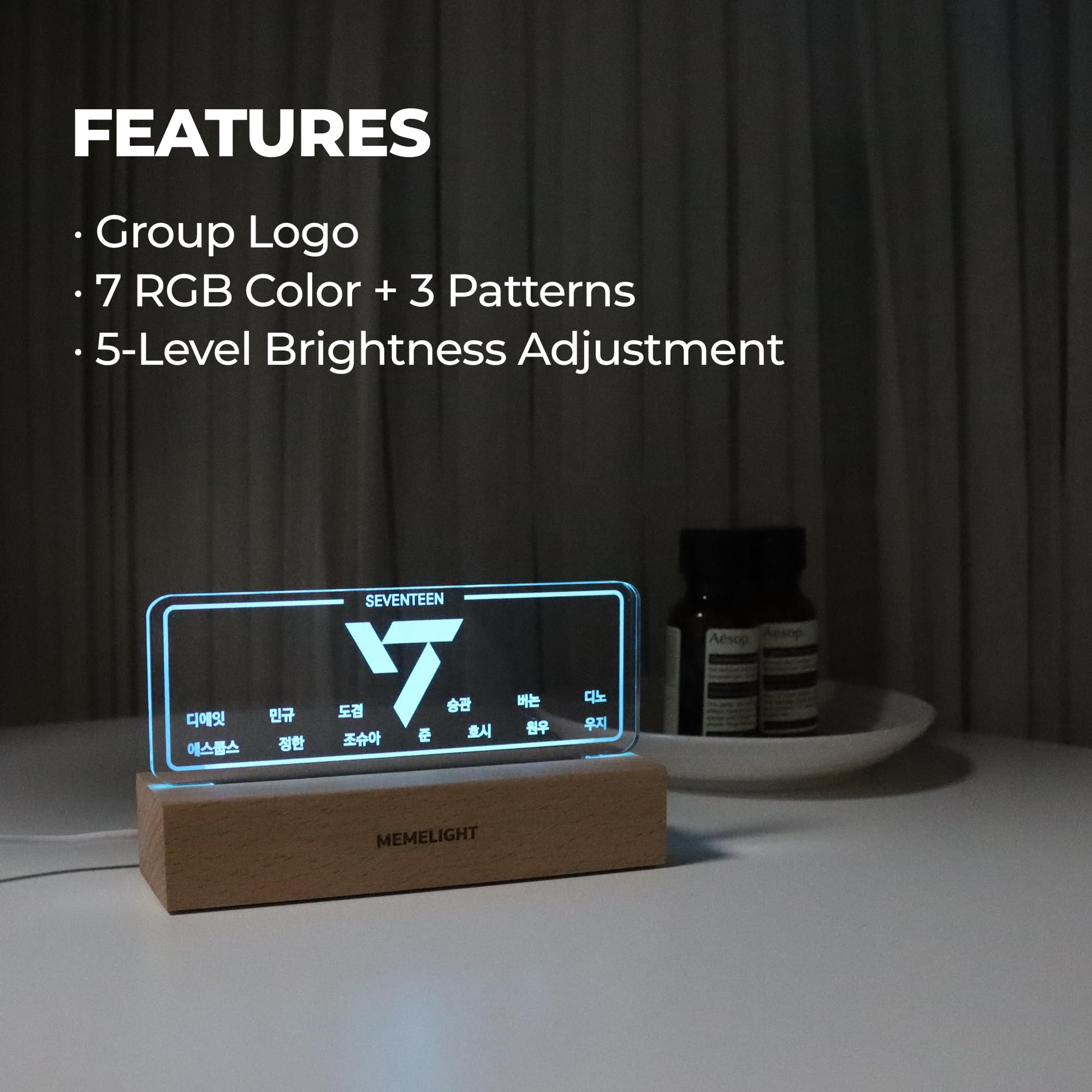 MEMELIGHT Seventeen Night Light, Kpop Lamp, 7 RGB Colors, Dimmer, Wood, 8.3 x 4.2 x 1.7 inches, Multicolor,