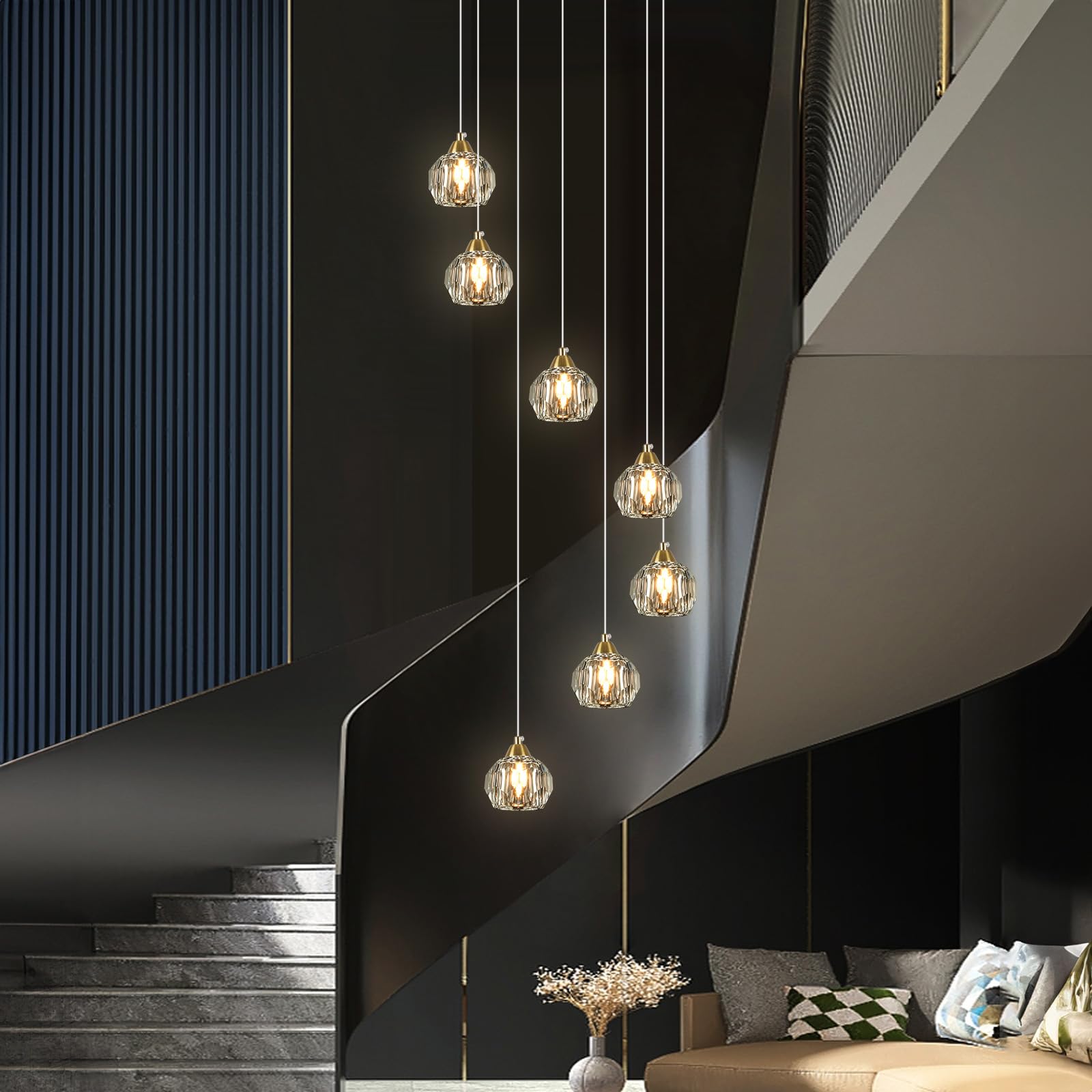 Weesalife 7-Light Crystal Chandelier, Brass Modern Pendant Light Fixture for High Ceilings, Model A8817