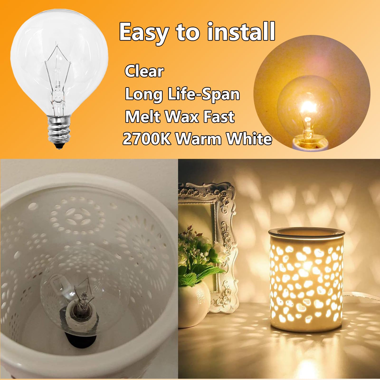 40 Watt E12 Candelabra Base Round Bulbs,G50 Light Bulbs For Full Size Scentsy Warmer,Ceiling Fans With Lights,Chandelier,Decorat