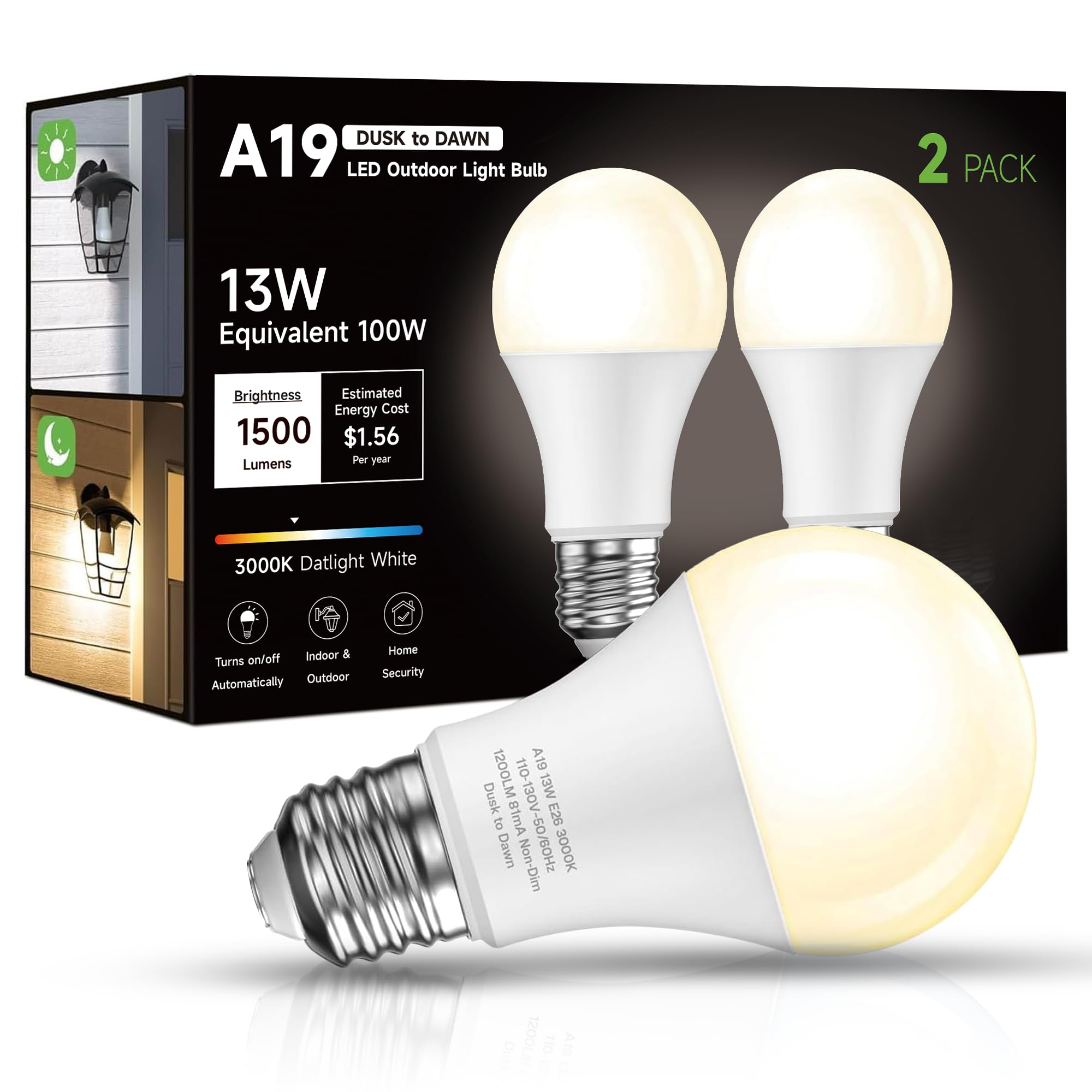 Eastiya Dusk to Dawn Sensor LED Outdoor Light Bulb  Warm White 3000K  A19 13W(100 Watt Equivalent) Bright Porch Lighting  1200LM  Auto-On/Off Photocell Sensor for Garage Yard Patio Garden- 2 Pack