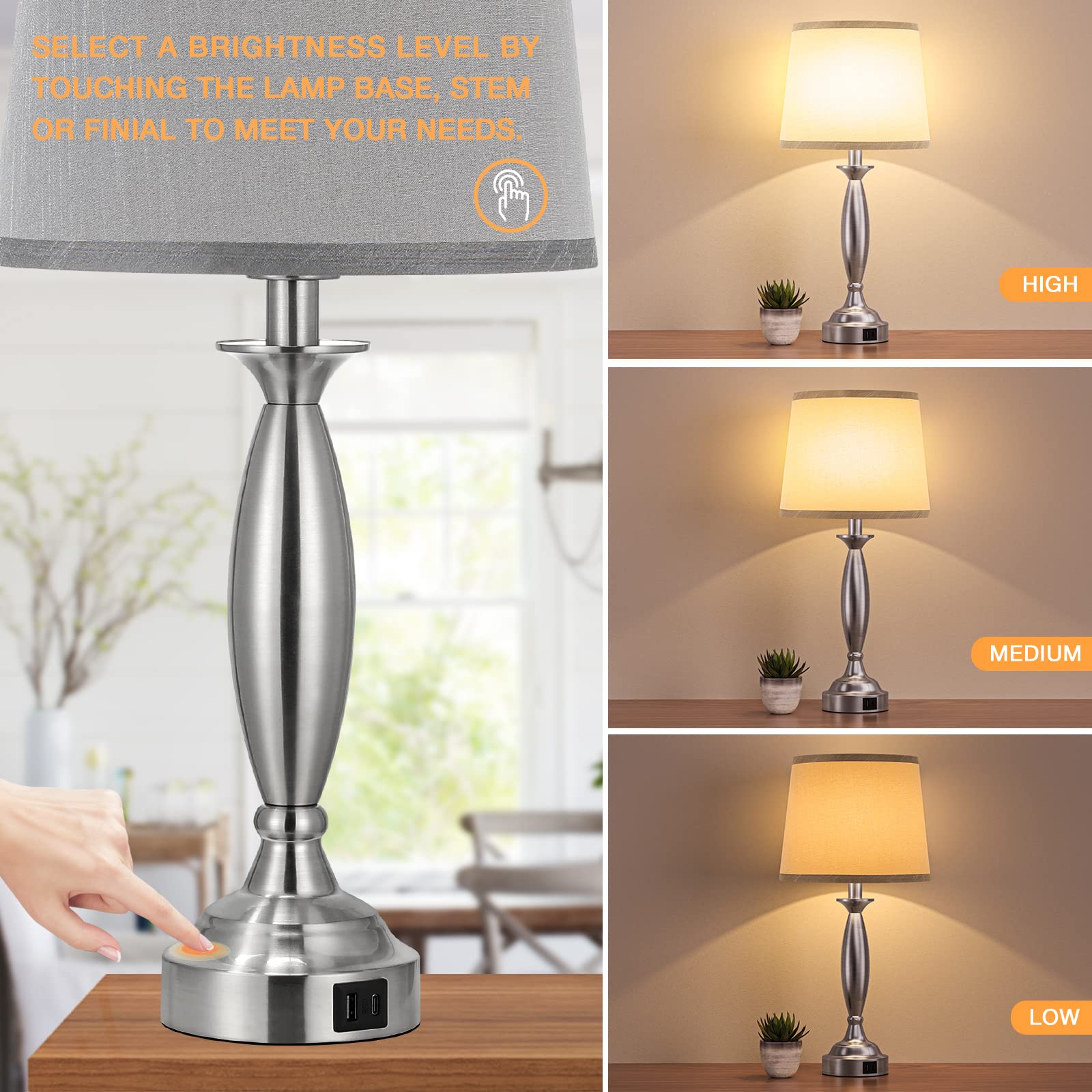 Seealle Touch Control Bedside Lamp - 22.5in Brushed Nickel, 3 Way Dimmable, USB C+A Port, H. Grey Shade, Model jinshuzhu 1