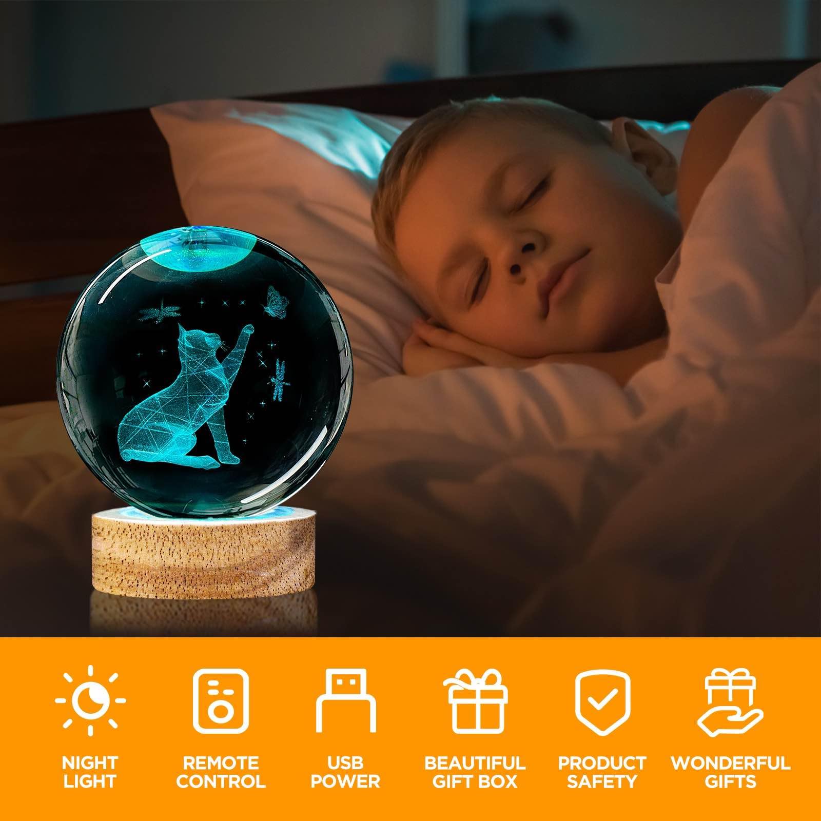 3D Cat Crystal Ball Night Light 3.15In Cat Figurines Glass Ball Lamp With 16 Color And Remote Birthday Christmas Gifts For Women