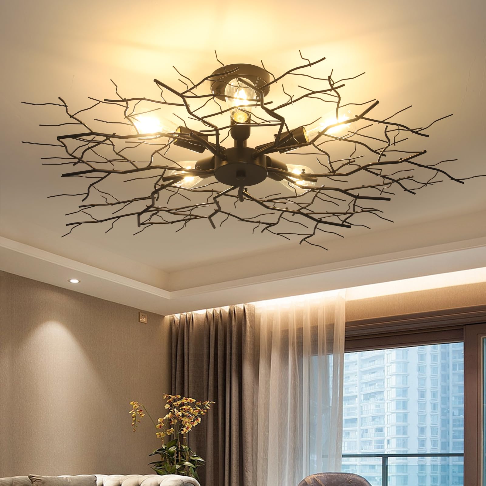HMVPL Large Semi Flush Mount Ceiling Light Fixture  Black Modern Chandelier with Branch Shapes  5-Lights Industrial Close to Ceiling Light Fixtures for Living Room Bedroom Kitchen Dining Room(D 37)