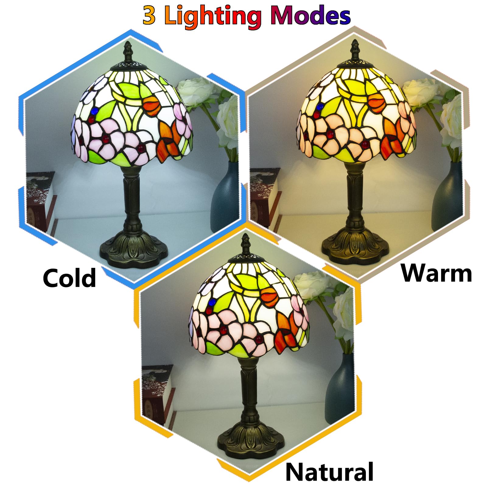 Crefotu Tiffany Style Table Lamp, 8 Inch Stained Glass, 3 Color Temperatures, Four-Leaf Flower Pattern, Model CFLP-0001