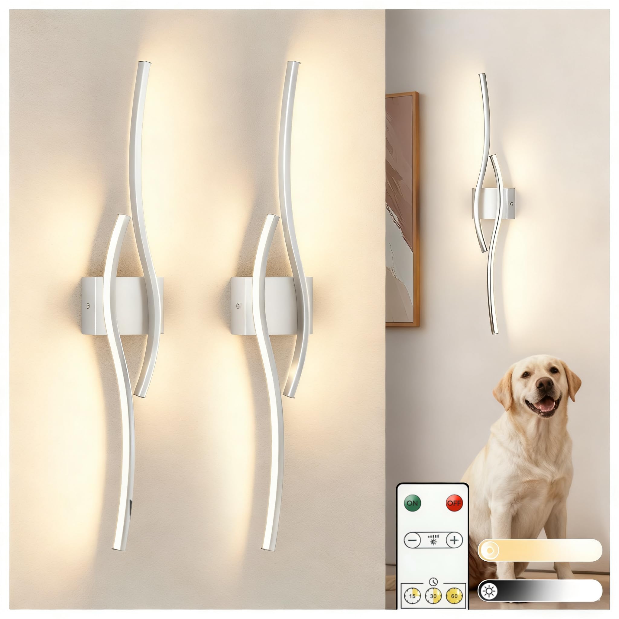 L LOHAS LED 31.6 inch Large Battery Operated Wall Sconces Set of 2  Rechargeable Wireless Sconce with Remote  Modern Nickel Wall Lights  Dimmable Sconces Wall Decor for Bedroom  Living Room