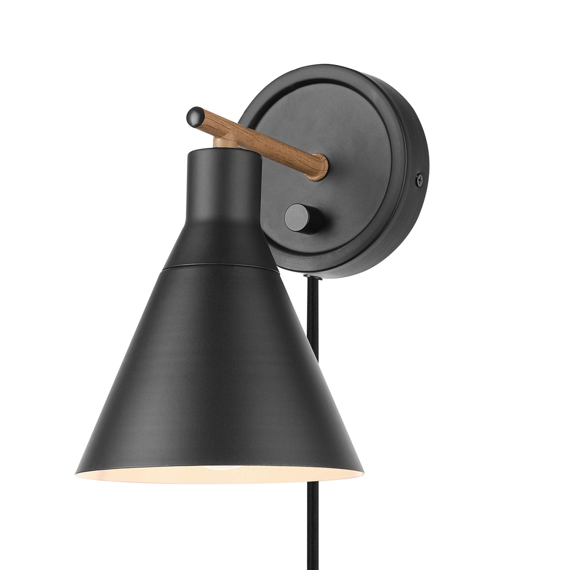 Globe Electric 51725 1-Light Dimmable Plug-In Or Hardwire Wall Sconce, Matte Black, Faux Walnut Accent, Stepless Dimming Rotary