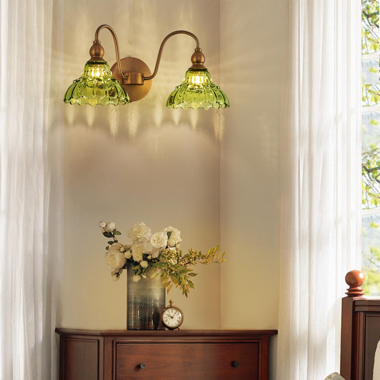 TLOLGT Vintage 2-Light Bathroom Vanity Light, Green Glass Wall Sconces, Model LS178-2, Perfect for Bathroom & Hallway Lighting