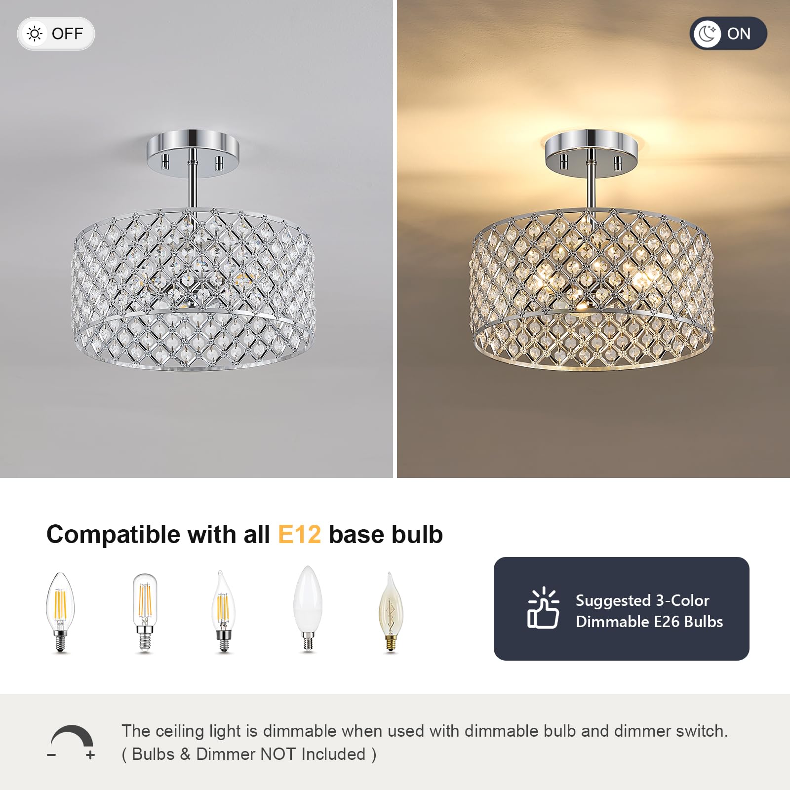 Bzvesr Chrome Crystal Ceiling Light Fixture Modern Semi Flush Mount Ceiling Lighting Fixture Round Small Chandelier For Dining Room  Hallway  Entryway  Kitchen  Bedroom Foyer 3 Light 12 Inch