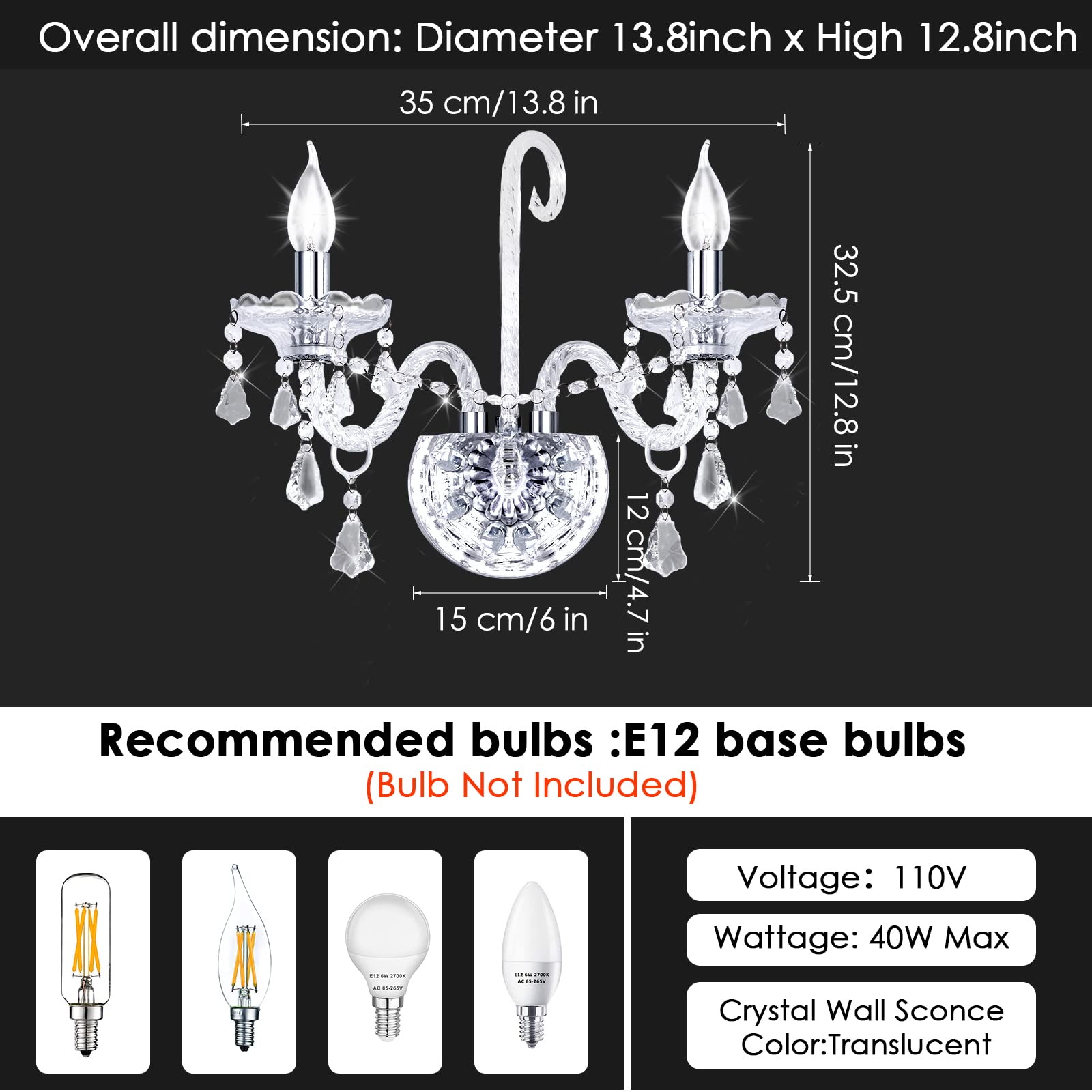 CRYSTOP Wall Candle Sconce Set of 2, Vintage Crystal Lighting, Clear, European Style, Ideal for Bedroom and Living Room