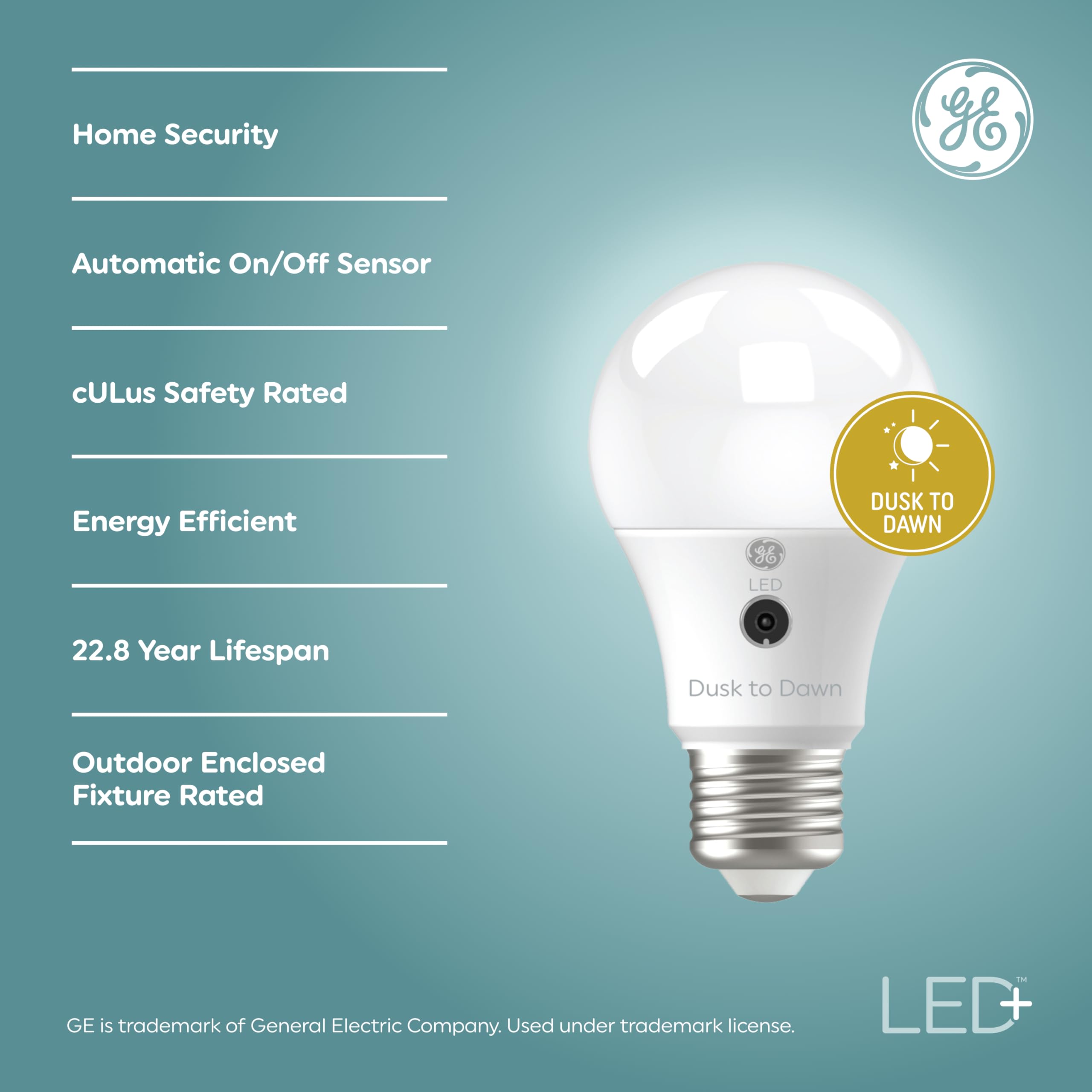 Ge Led+ Dusk To Dawn A19 Led Light Bulbs, Automatic On/Off Outdoor Light, 8.5W, Soft White (3 Pack)