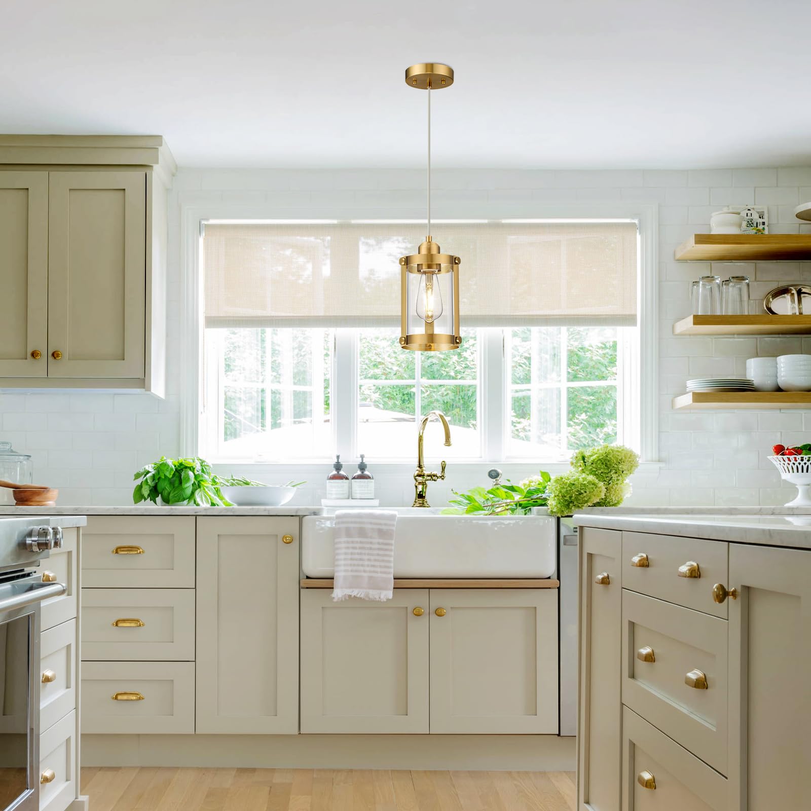 Osimir Brushed Gold Pendant Lights Kitchen Island, 1-Light Modern Brass Mini Hanging Light Fixtures With Clear Glass, Farmhouse