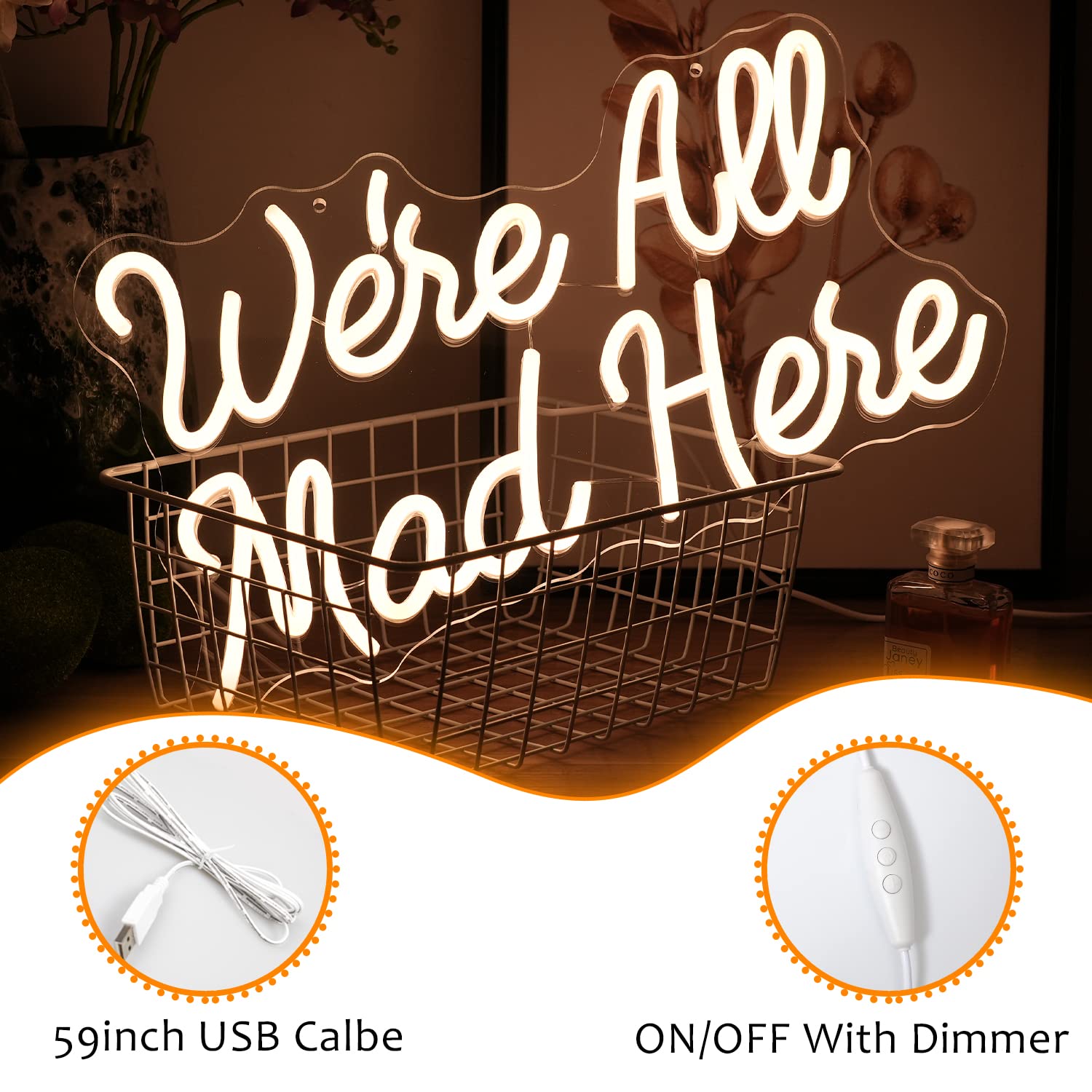 LISIGNVE LED Neon Sign - We Are All Mad Here, Dimmable, USB Powered, 16.5inx9.4in, Warm White, Decorative Light for Home and Parties