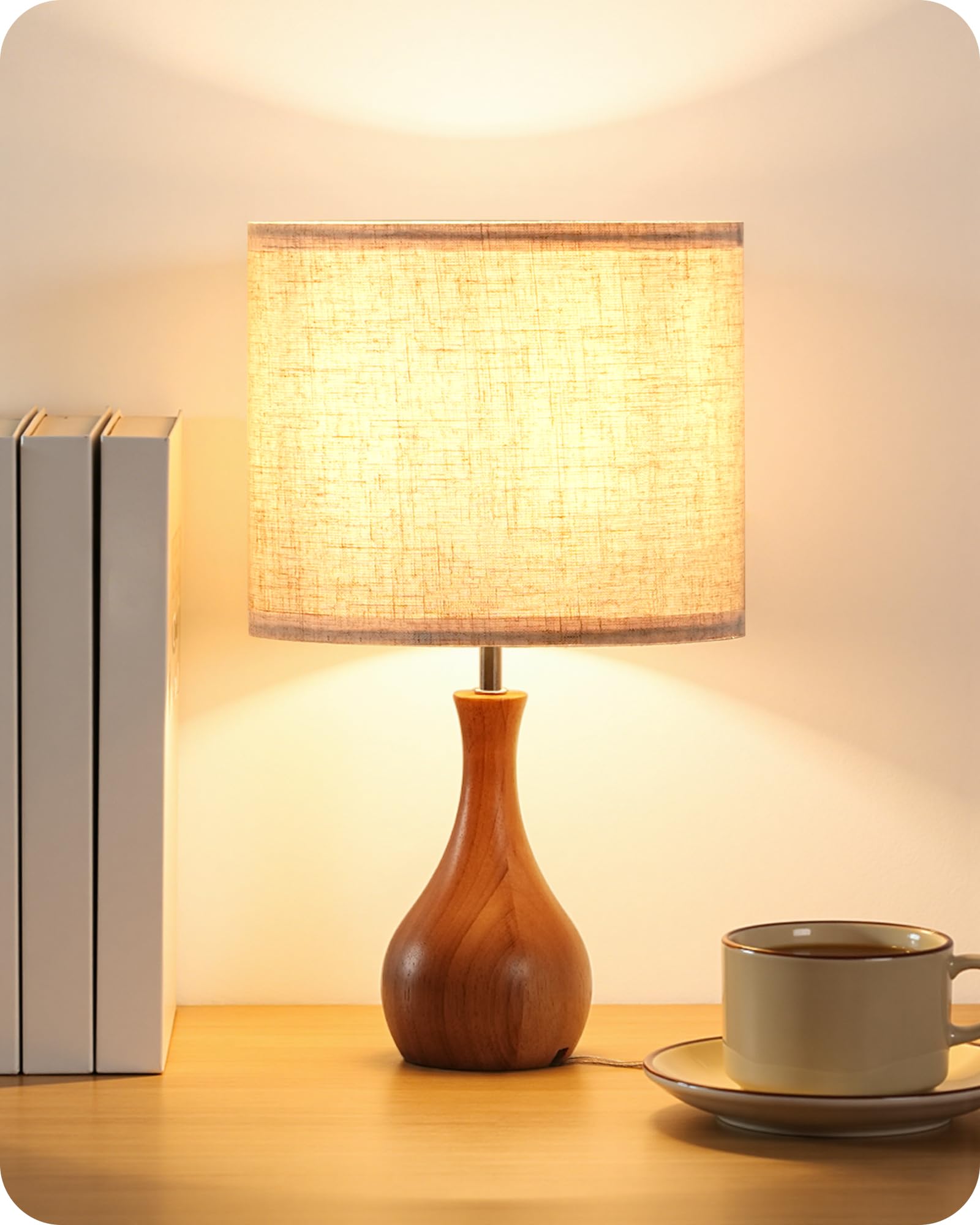 GOEBLESON Small Table Lamp, 14.2 Wood Bedside Lamp, Little Cute Desk Lamp with Dark Wood Bottle-Shaped Base & Beige Linen Lampsh