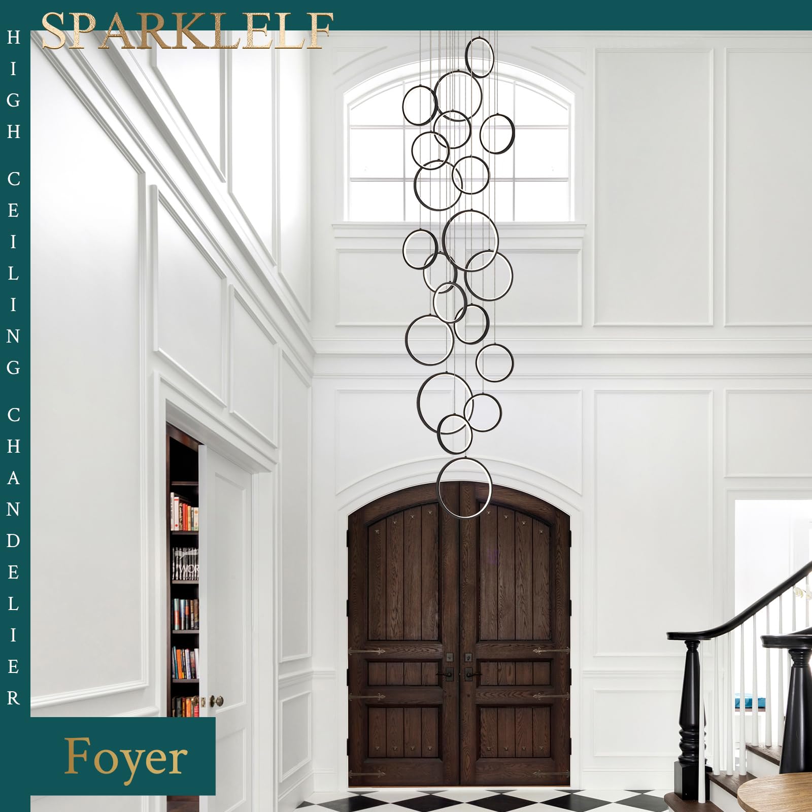 Sparklelf 20 Rings Modern Led Chandelier For High Ceiling Dimmable Black Contemporary Foyer Long Chandelier For Entryway, Long P