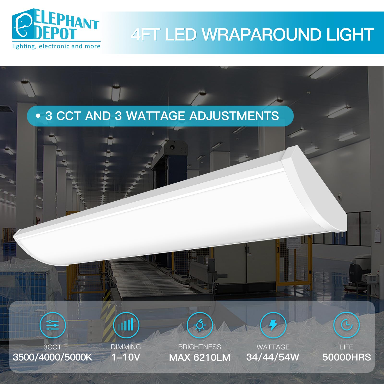 4Ft Led Wraparound Light Fixture, 48 Inch Kitchen Lighting Fixtures Ceiling, 54W 6210Lm,3500/4000/5000K, 120-277V Commercial Ele