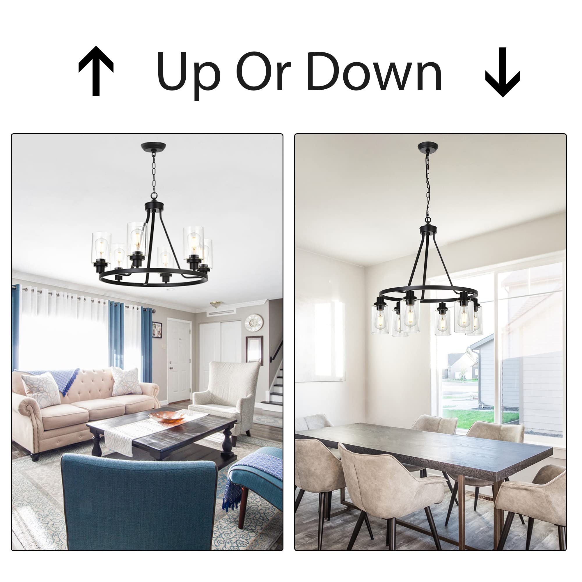 MELUCEE 6-Light Black Metal Chandelier - Farmhouse Pendant Lighting for Dining Room, Kitchen, Living Room