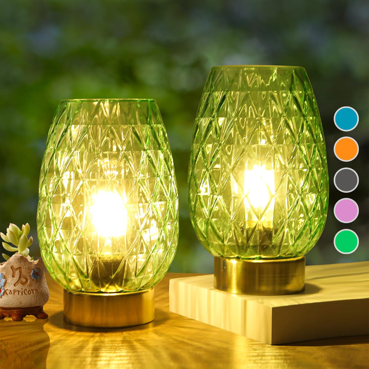 Set 2, Battery Operated Table Lamp With Timer For Home Decoration, Vintage Cordless Led Glass Lamps For Living Room Bedroom Beds