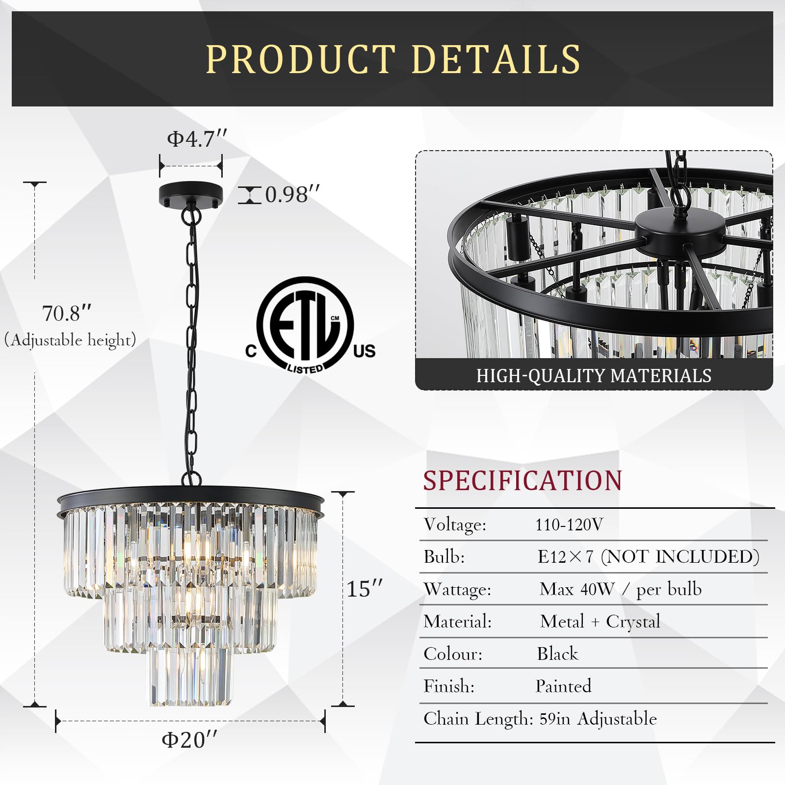 Catiner Black Crystal Chandeliers, 20    Modern Chandeliers For Dining Room 3 Tiers 7 Lights Luxury K9 Crystal Ceiling Pendant R