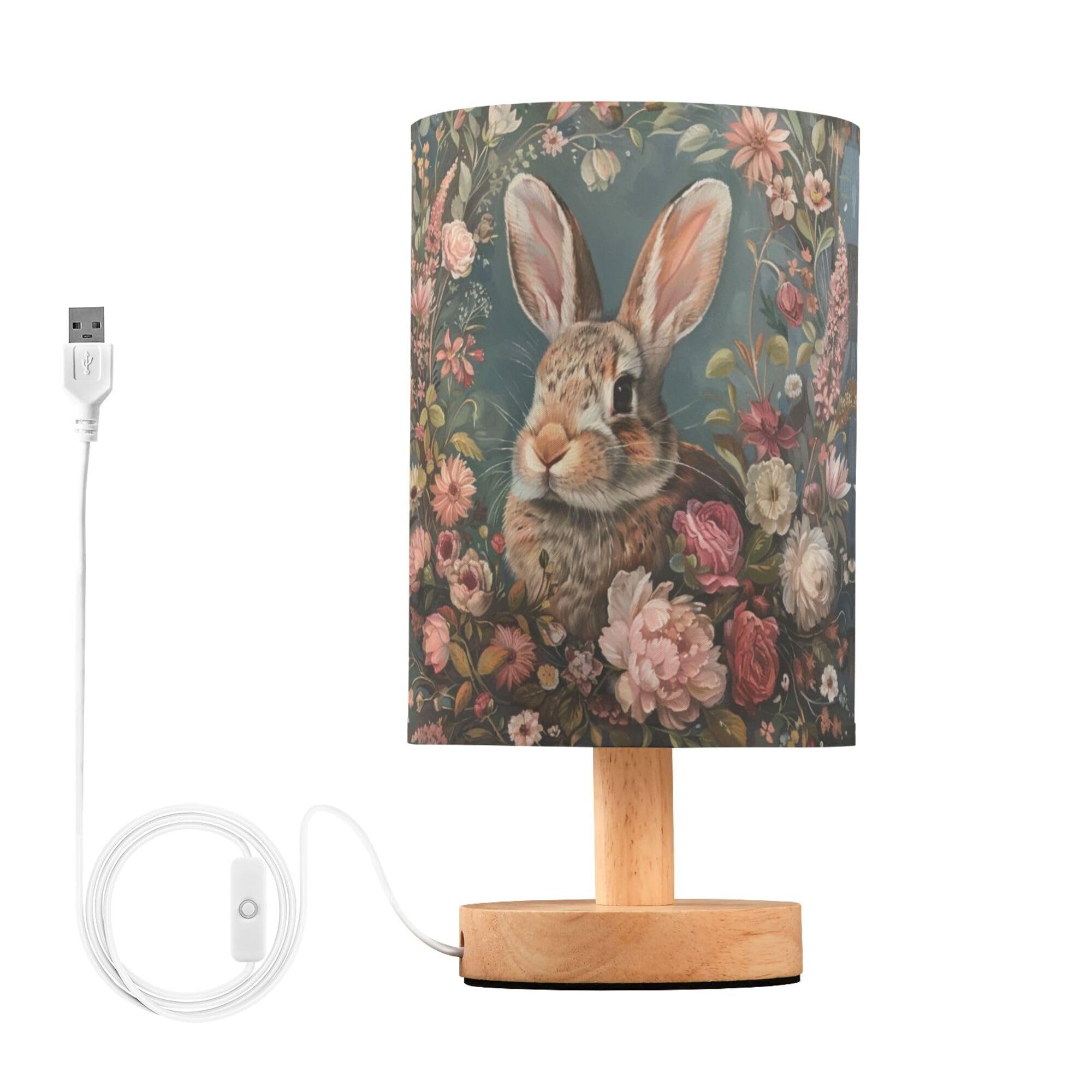 YYZZH Table Lamp Bunny Floral Rose Daisy Flower Nightstand Lamp with Wood Base Fabric Lamp Shade Bedside Desk Lamp for Living Ro