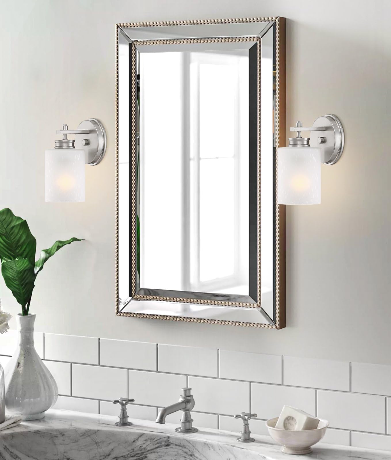 Kira Home Phoebe 8'' Modern Wall Sconce/Vanity Light + Frosted Seeded Glass Shade, Brushed Nickel Finish