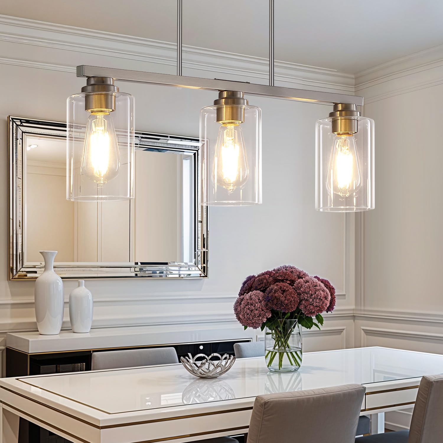 Mecgirn Island Light For Kitchen  Brushed Nickel Dining Room Light Fixture Over Table  3-Light Linear Chandelier Pendant Lighting For Dining Table Kitchen Island Living Room