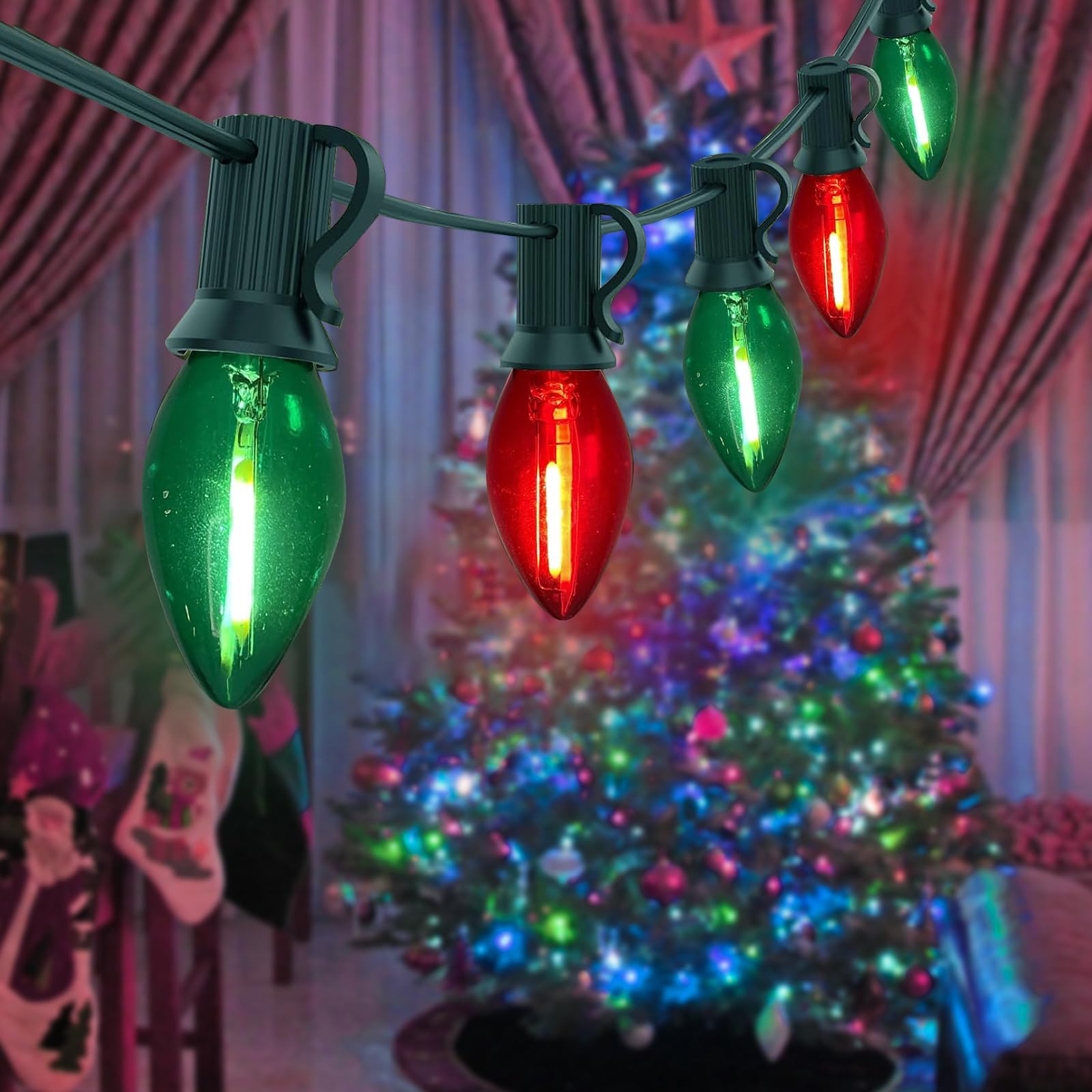 Chyparty 25Ft C7 Christmas Lights Outdoor  Red Green Classic 2-Color Led String Lights For Roof  Fence  Tree  Traditional Holiday Decor