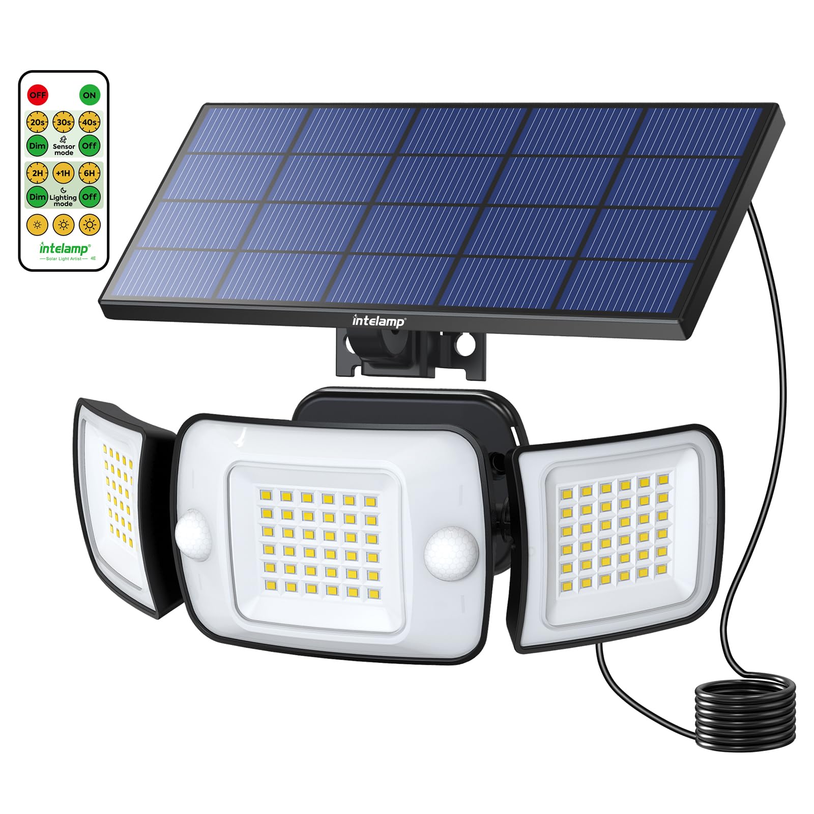 Intelamp 3-Head Solar Motion Sensor Floodlights, 1200 Lumens, IP65 Waterproof, Remote Control, 1 Pack with Cable, White, Model 12b