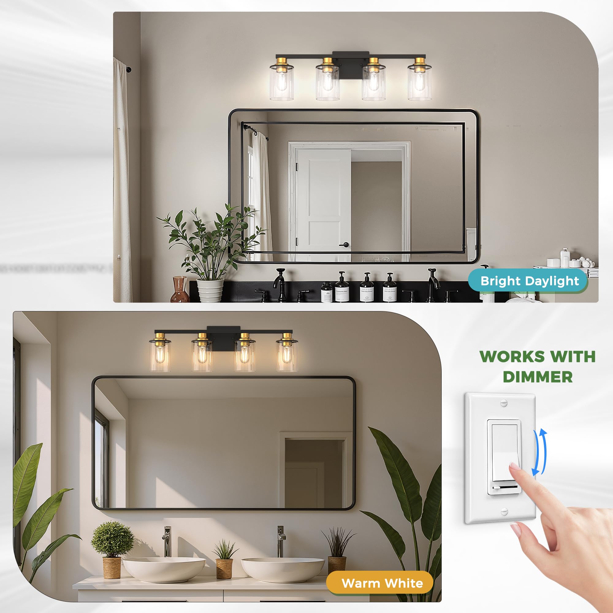 DORESshop Bathroom Vanity Light, 4-Light Black and Gold Fixture with Clear Glass Shade, Ideal for Bathroom, Hallway, Living Room
