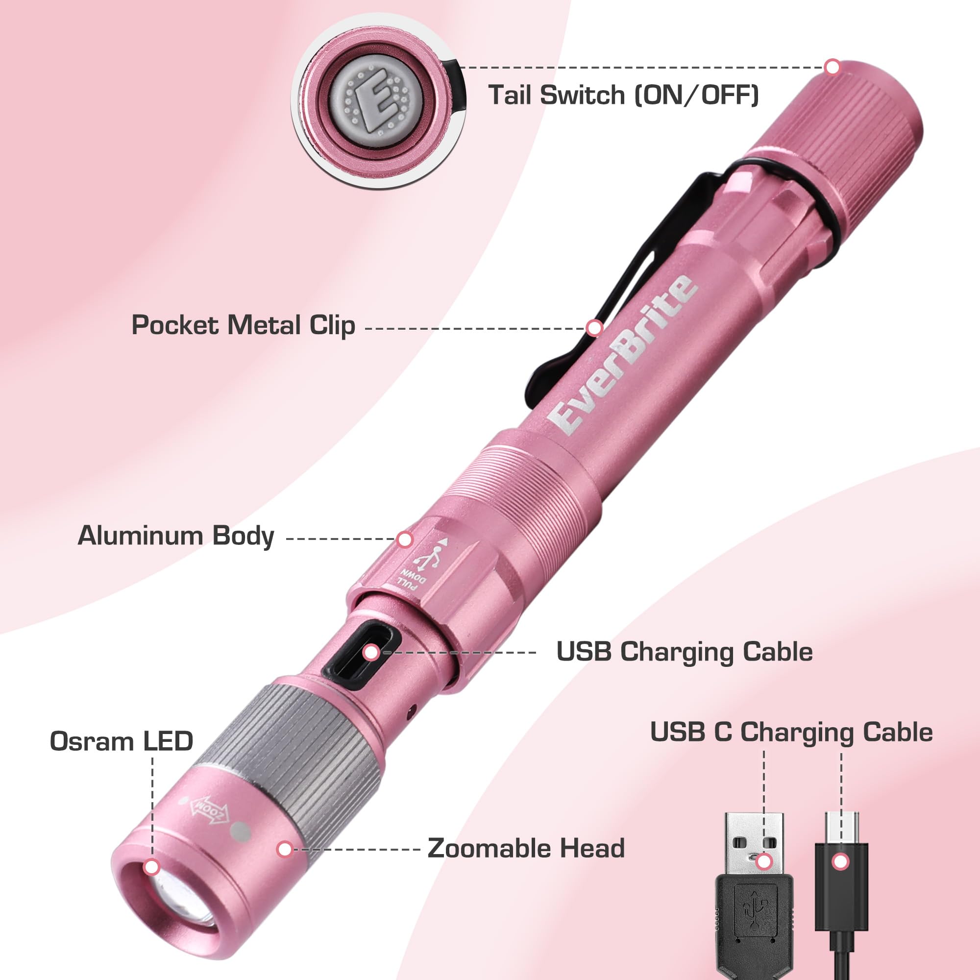 EverBrite Rechargeable Pen Flashlight, 300 Lumens, Zoomable, Aluminum, Pocket Size, Pink, Model E101125AE